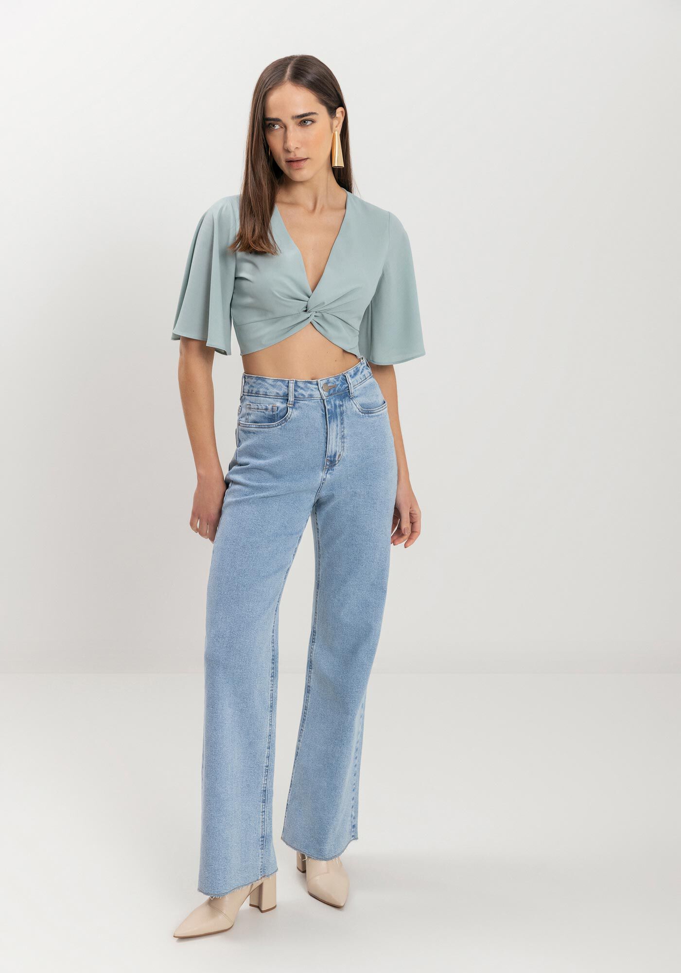 Cal&ccedil;a Jeans Wide Leg Comfort Com Cintura Alta E Elastano, , large.