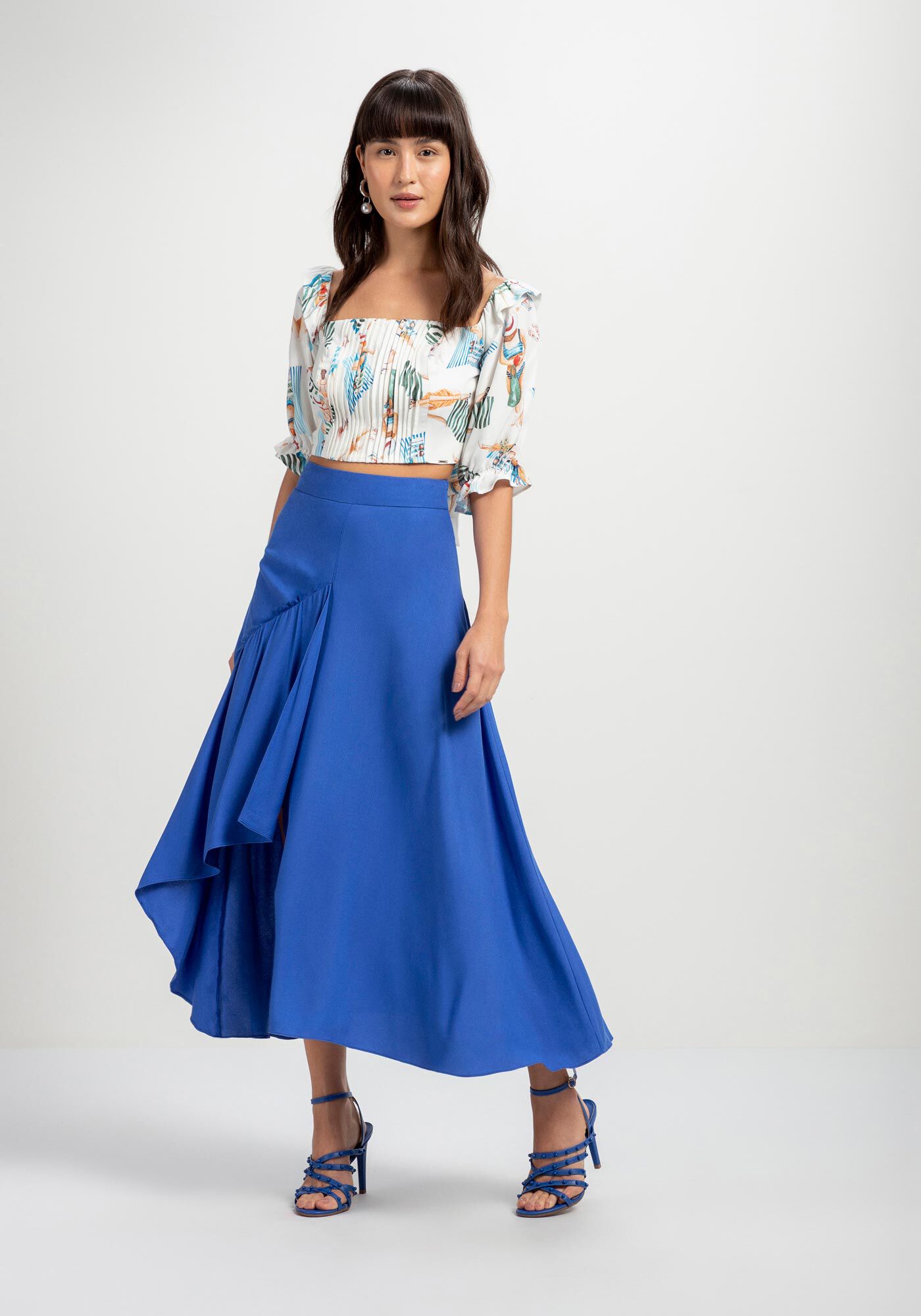 Blusa Estampada com Plissado e La&ccedil;o Costas, , large.