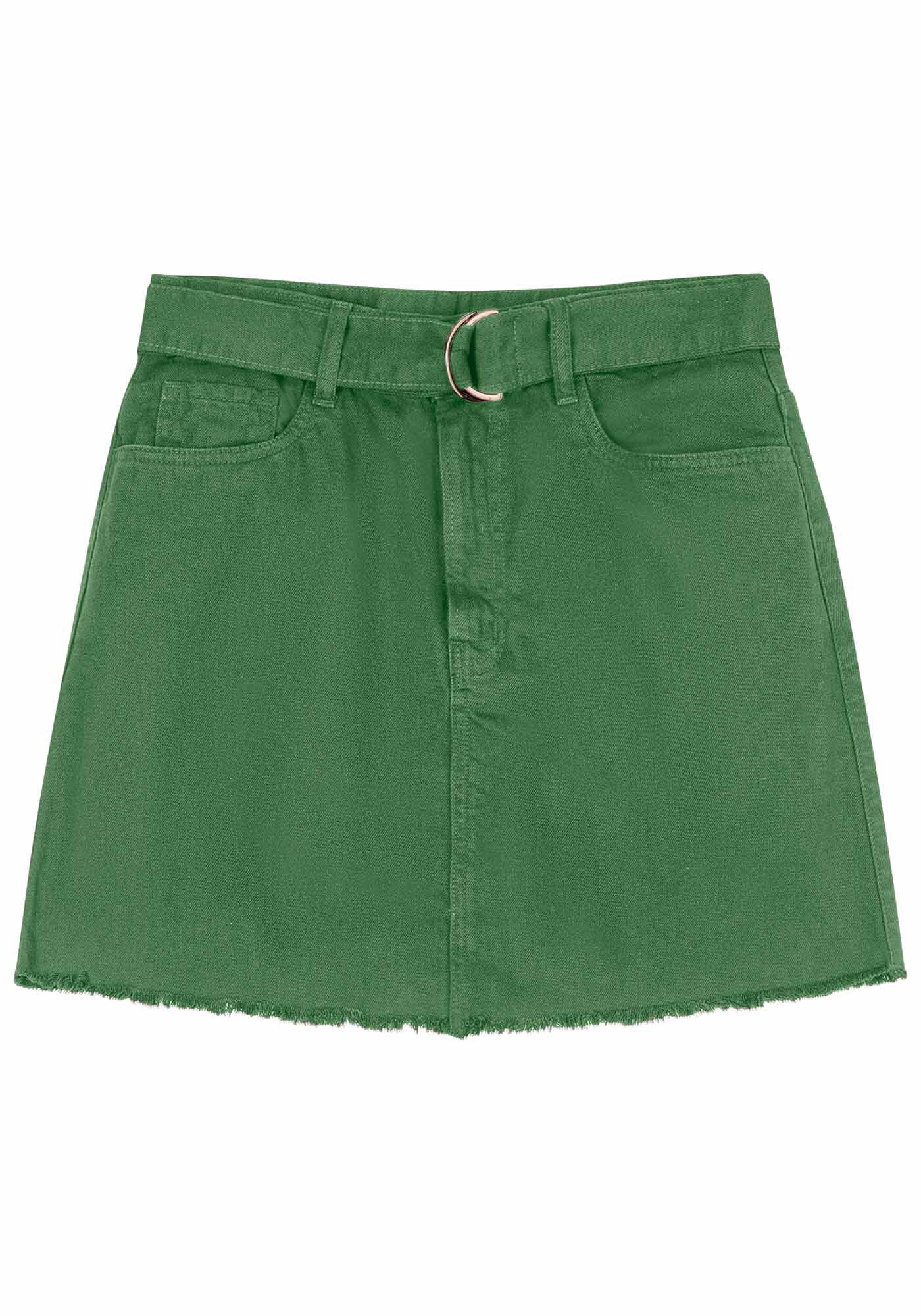 Saia Sarja Curta Cintura Alta com Cinto, VERDE TURTLE, large.