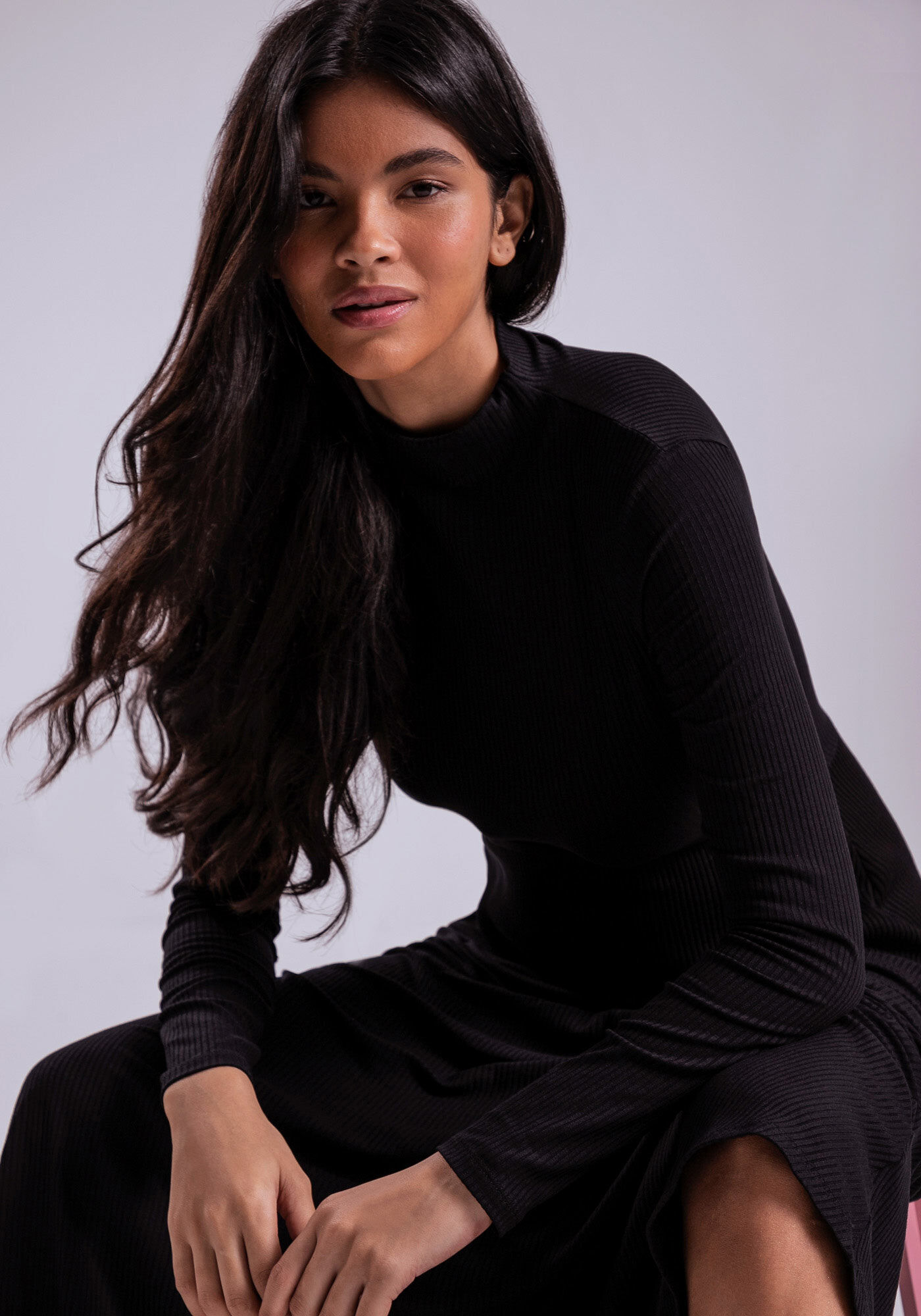 Vestido Manga Longa Midi Canelado com Recorte, , large.