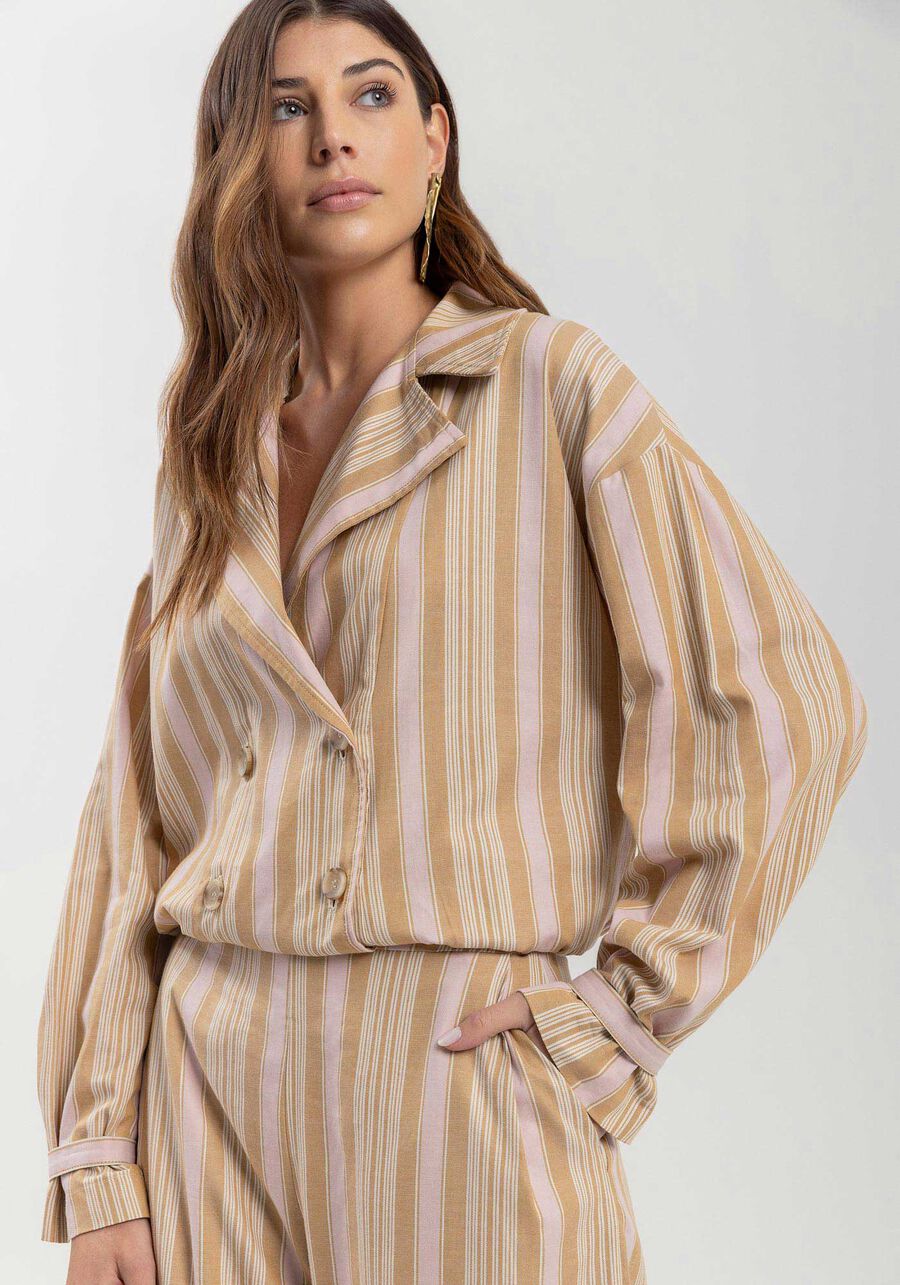 Jaqueta Listrada Em Algodão Com Lapelas E Abotoamento Duplo, MARROM ESPERADO. Jaqueta Listrada Em Algodão Com Lapelas E Abotoamento Duplo, MARROM ESPERADO, large.