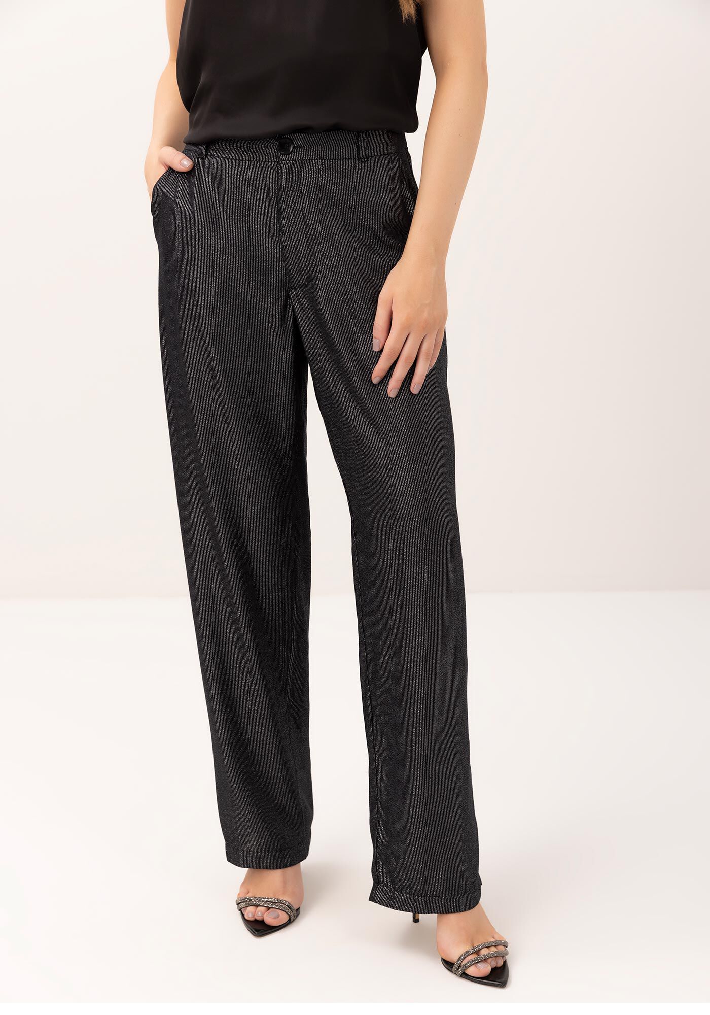 Cal&ccedil;a Reta Alfaiataria em Tecido Lurex, PRETO REATIVO, large.