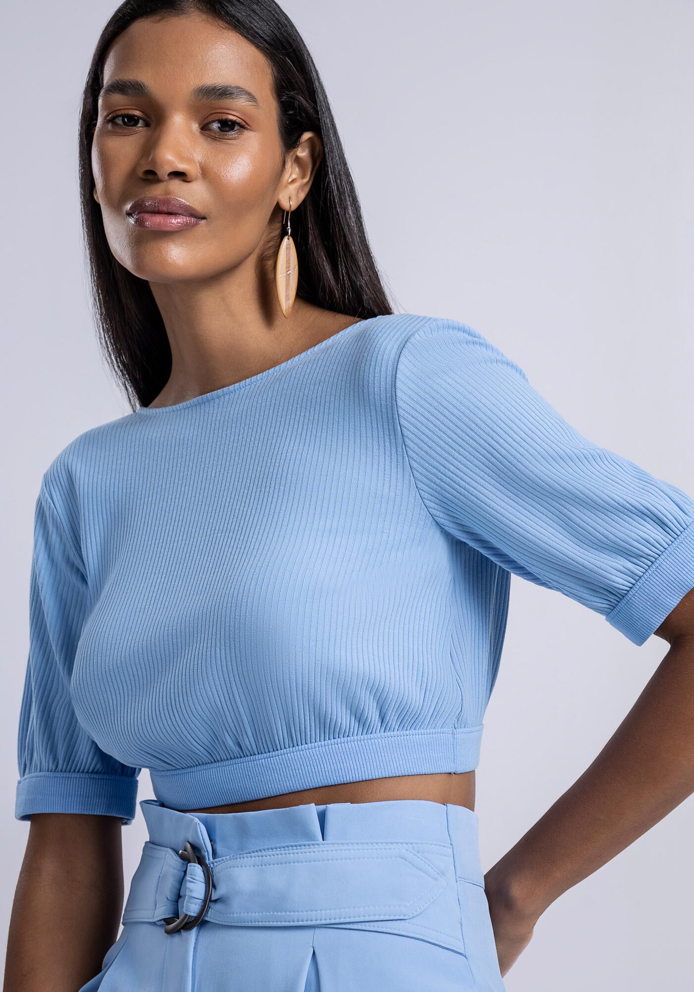 Blusa Cropped Canelada com Recorte Costas, , large.