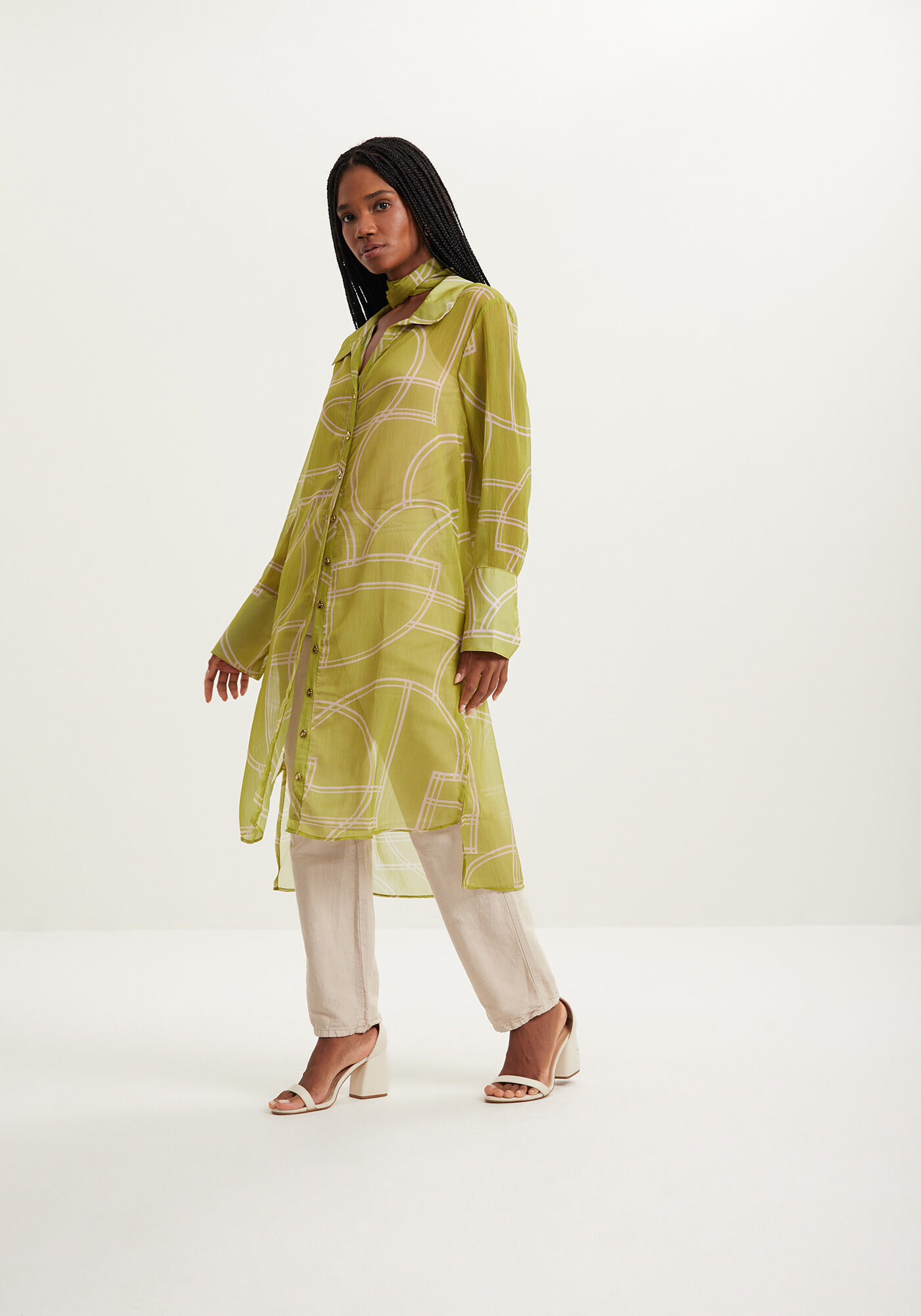 Vestido Midi Estampado Com Mangas Longas E Faixa Ajust&aacute;vel, , large.