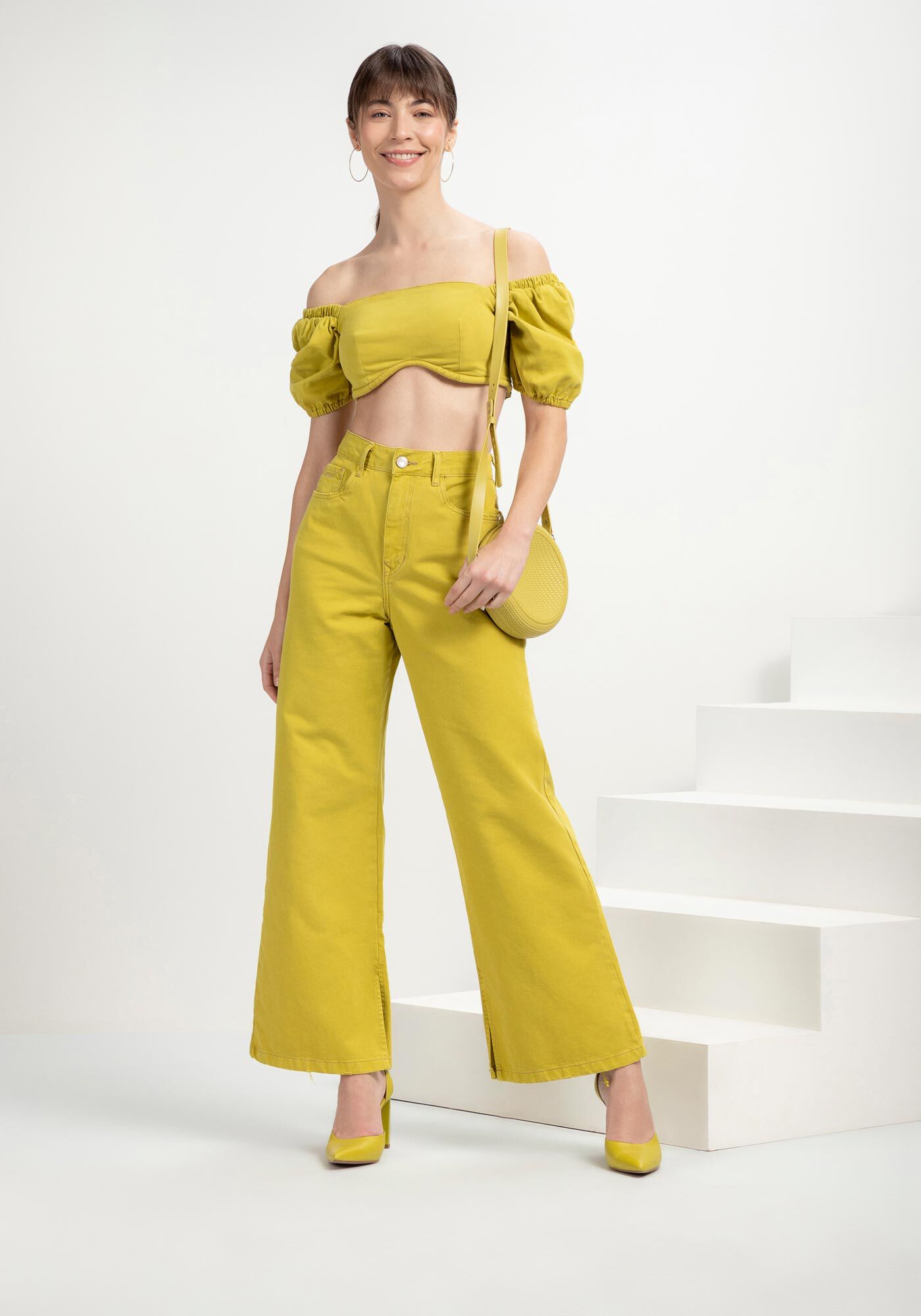 Blusa Sarja Cropped com Manga Bufante, , large.