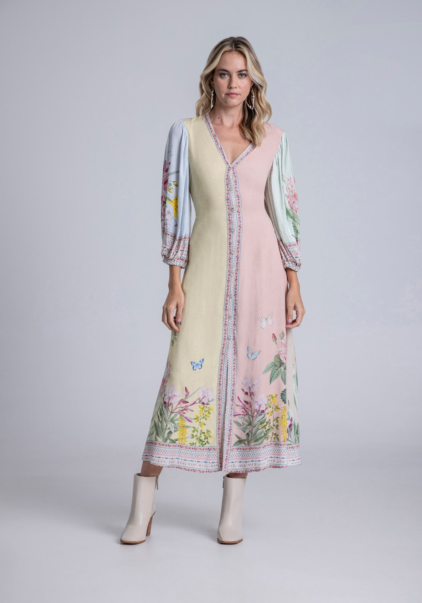 Vestido Midi Manga em Viscose com Cinto, PAPEL DE CARTAS, large.