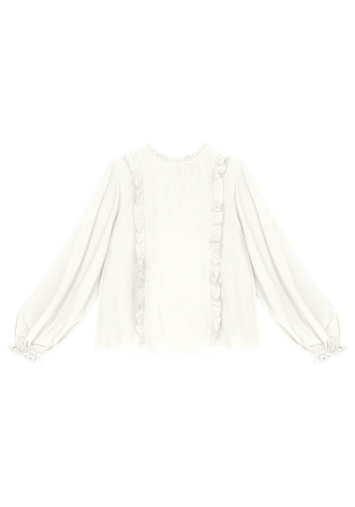 Blusa Manga Longa Bufante em Viscose com Babados, , large.