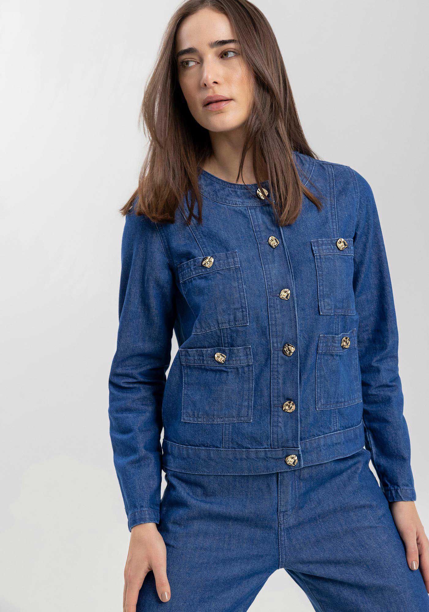 Jaqueta Jeans Sem Gola Com Bolsos E Bot&otilde;es Frontais, JEANS, large.