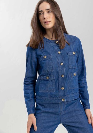 Jaqueta Jeans Sem Gola Com Bolsos E Botões Frontais, JEANS. Jaqueta Jeans Sem Gola Com Bolsos E Botões Frontais, JEANS, large.