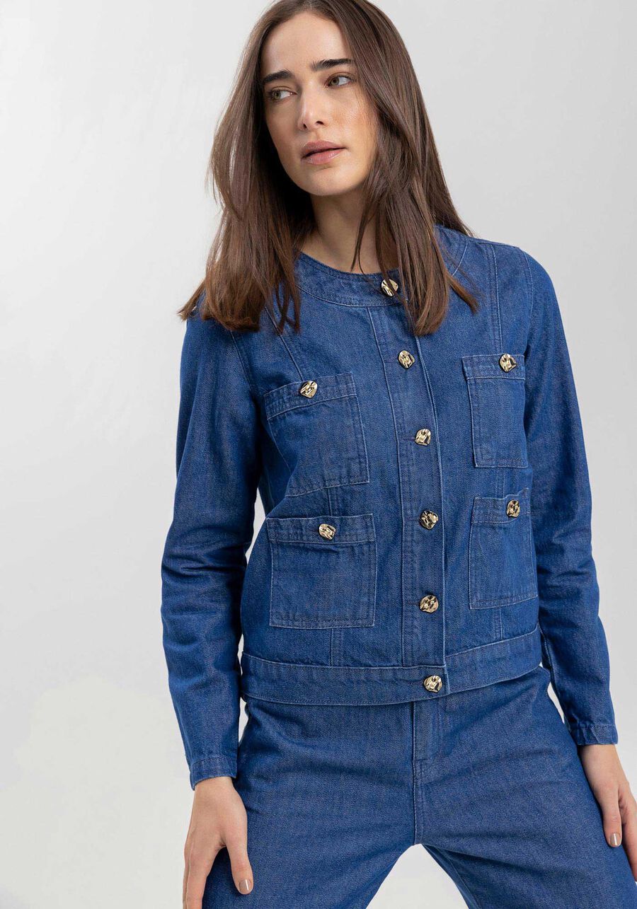 Jaqueta Jeans Sem Gola Com Bolsos E Botões Frontais, . Jaqueta Jeans Sem Gola Com Bolsos E Botões Frontais, , large.