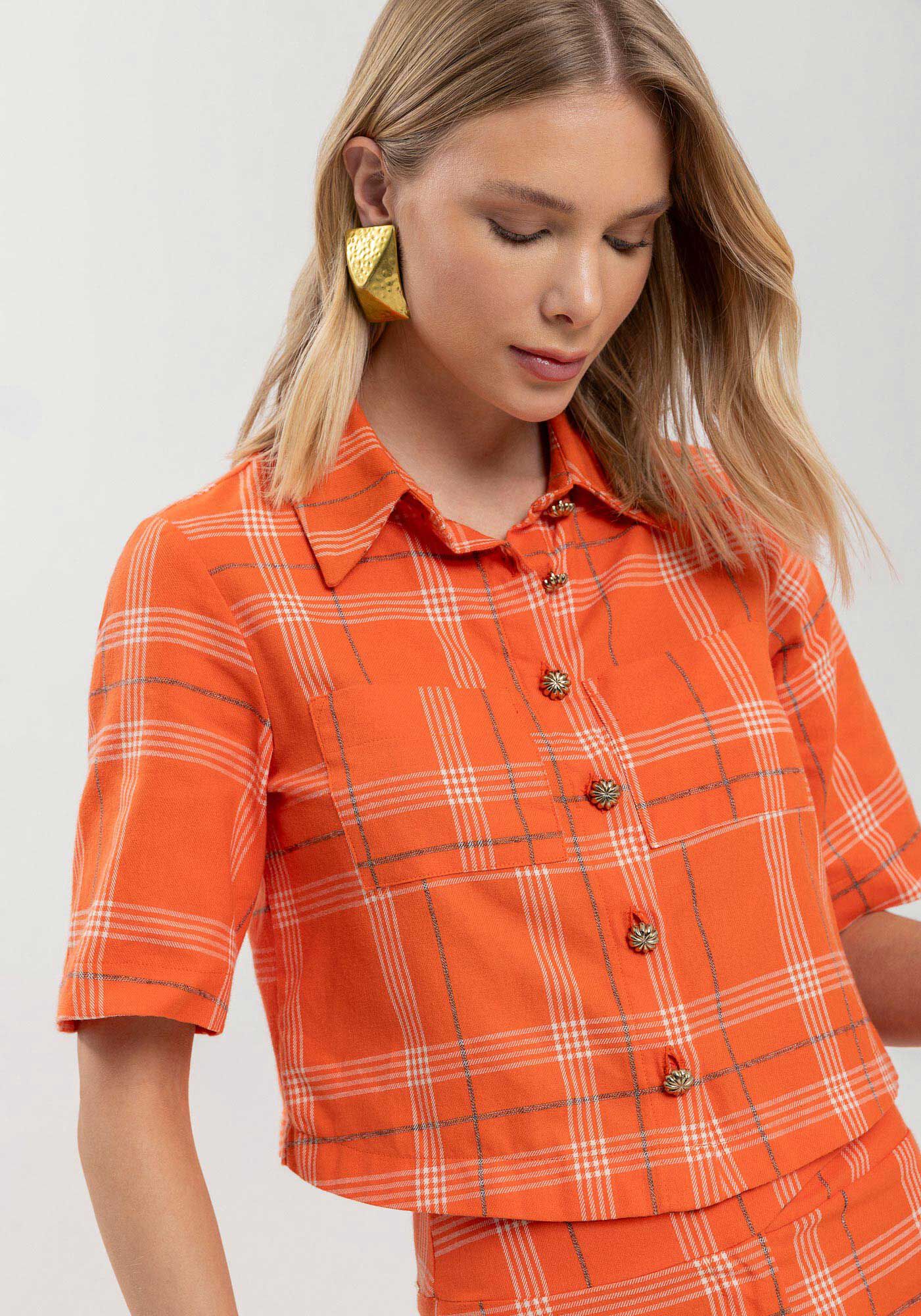 Camisa Xadrez De Mangas Curtas Com Bolsos E Bot&otilde;es Frontais, , large.