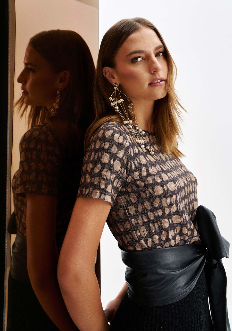 Blusa Manga Curta em Malha com Brilho Estampada, . Blusa Manga Curta em Malha com Brilho Estampada, , large.