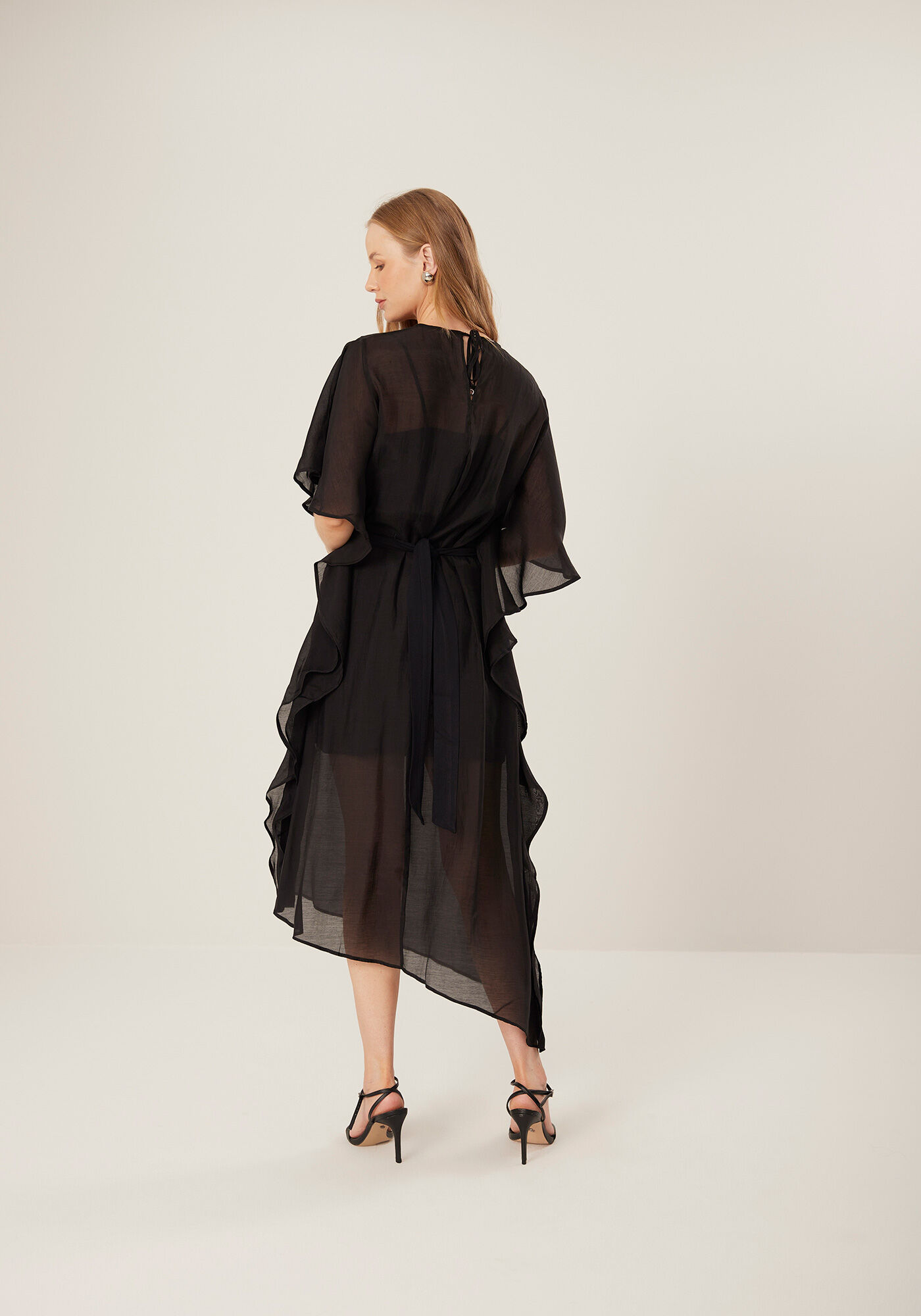 Vestido Midi Ch&aacute; Com Mangas Amplas E Transpar&ecirc;ncia, PRETO, large.