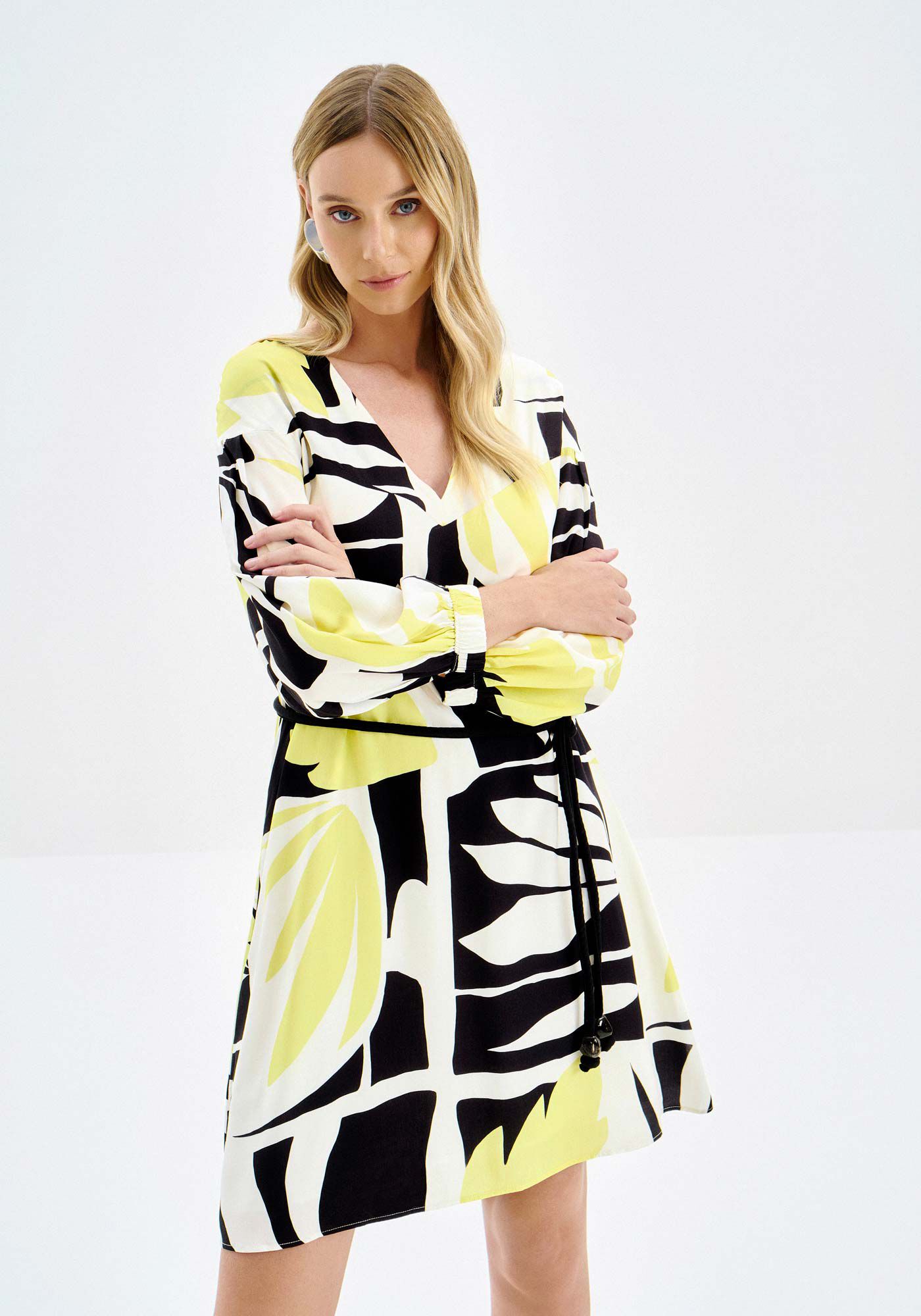 Vestido Curto Manga 3/4 Estampado com Cinto, LENCO, large.