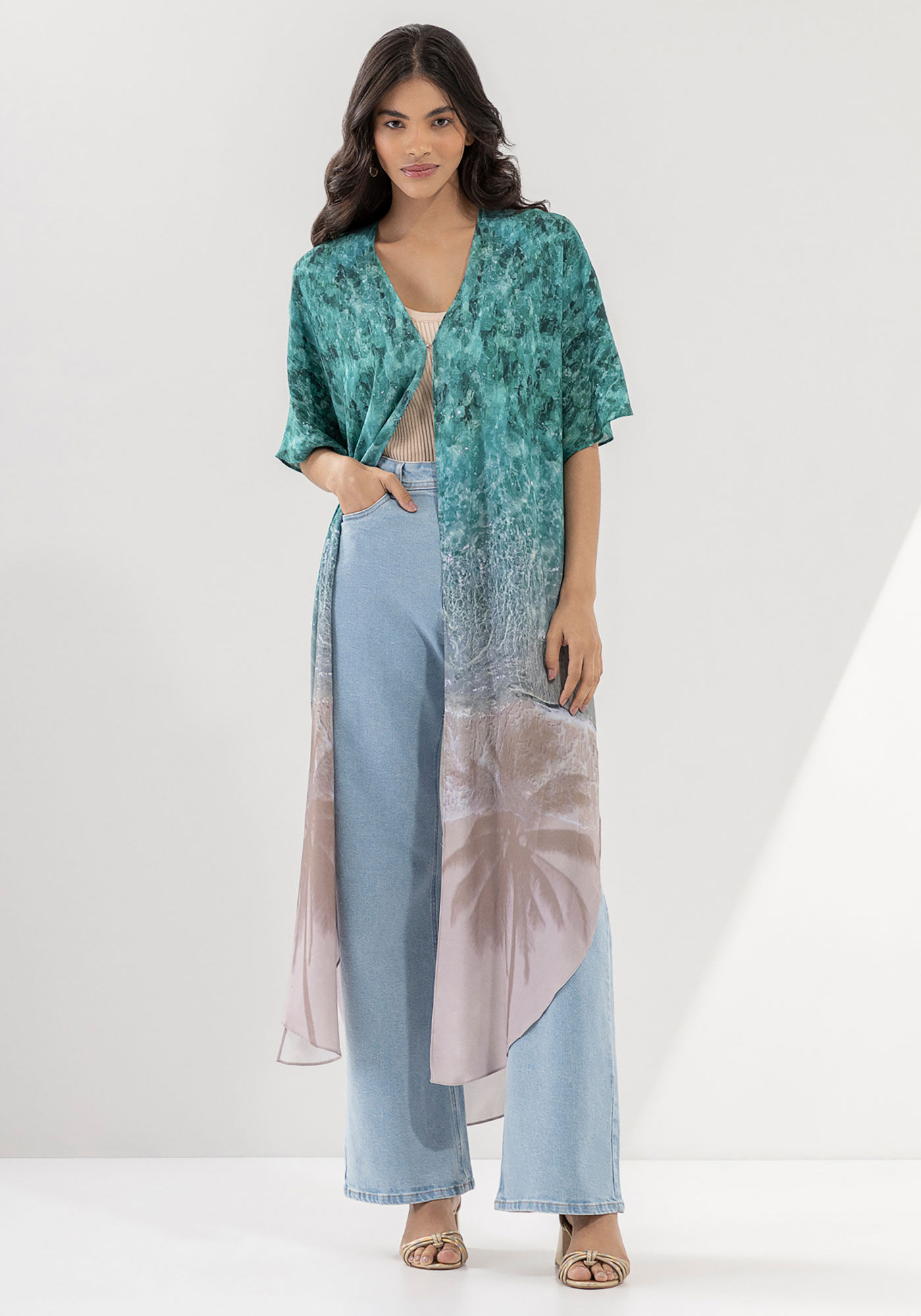 Kimono Alongado em Viscose com Estampa Beach, , large.