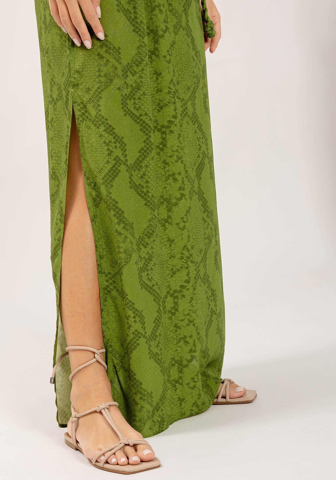 Vestido Midi Ch&aacute; em Viscose Estampado com Cinto, , large.