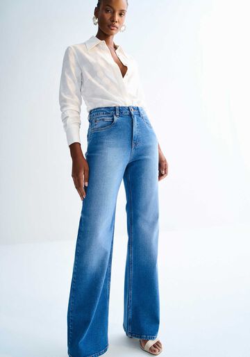 Calça Jeans Wide Leg Cintura Alta com Elasticidade, JEANS. Calça Jeans Wide Leg Cintura Alta com Elasticidade, JEANS, large.