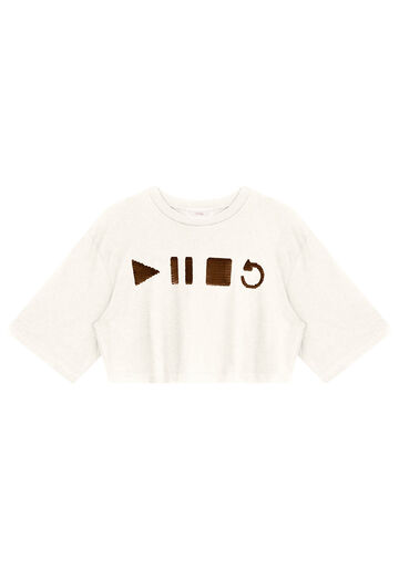 T-shirt Cropped Oversized com Paetês, BRANCO OFF WHITE, large.