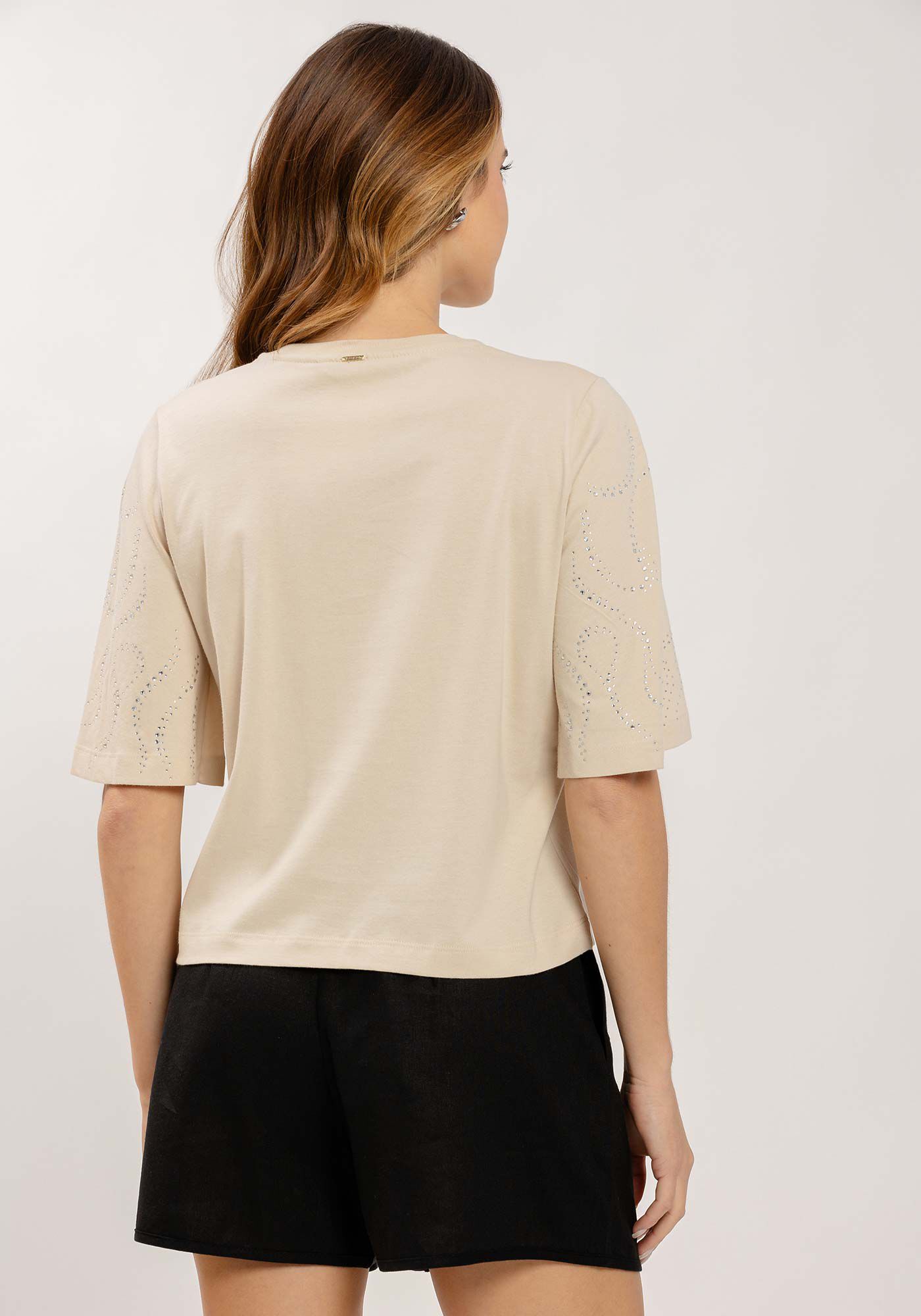 T-shirt em Malha com Strass na Manga Flare, , large.
