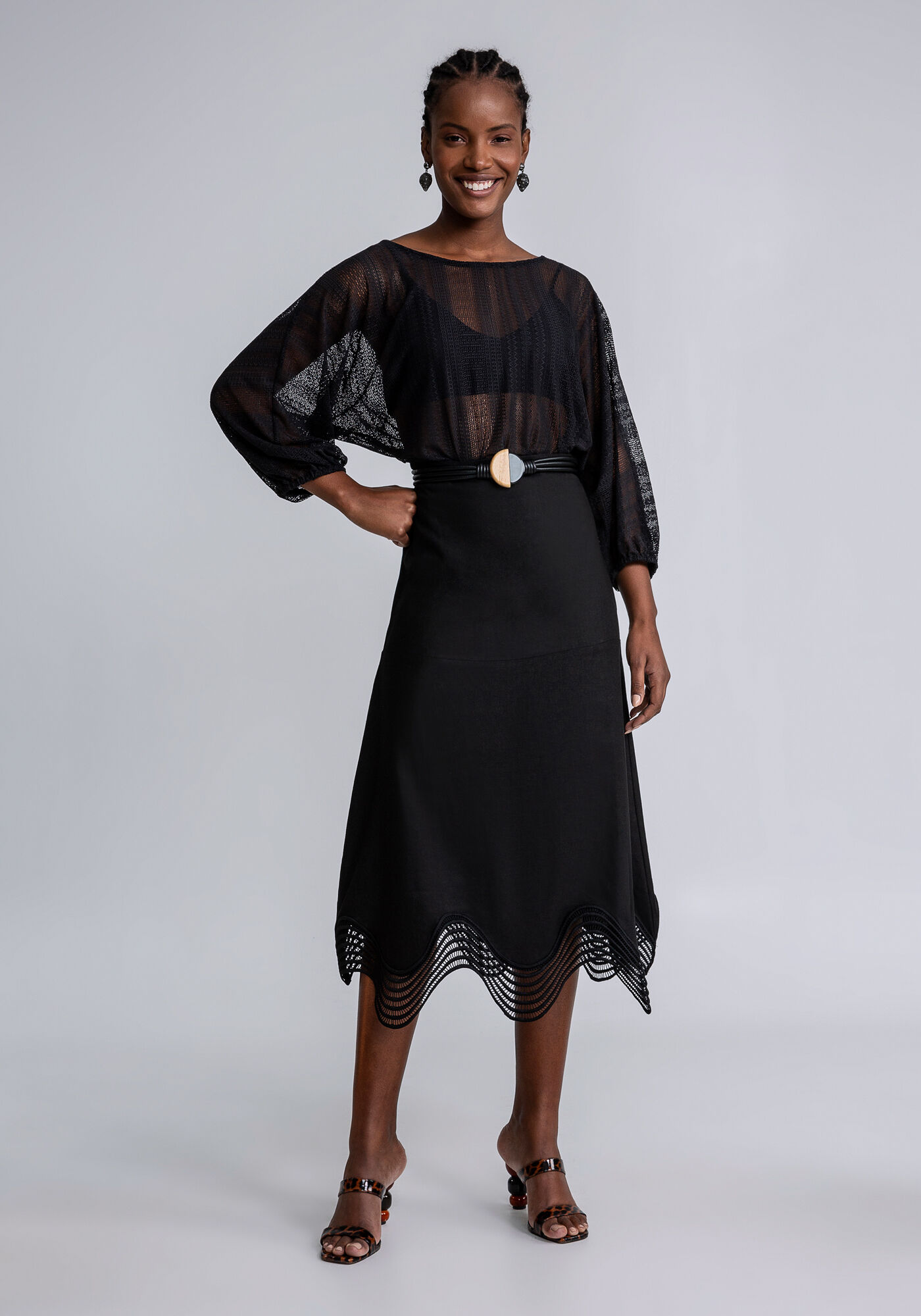 Blusa Manga 3/4 Bufante Renda, PRETO, large.