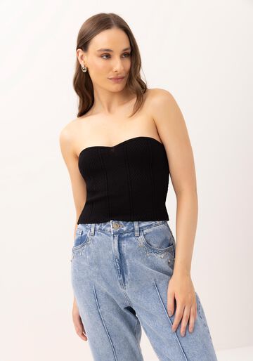 Blusa Tomara que Caia em tricô Viscose, PRETO REATIVO. Blusa Tomara que Caia em tricô Viscose, PRETO REATIVO, large.