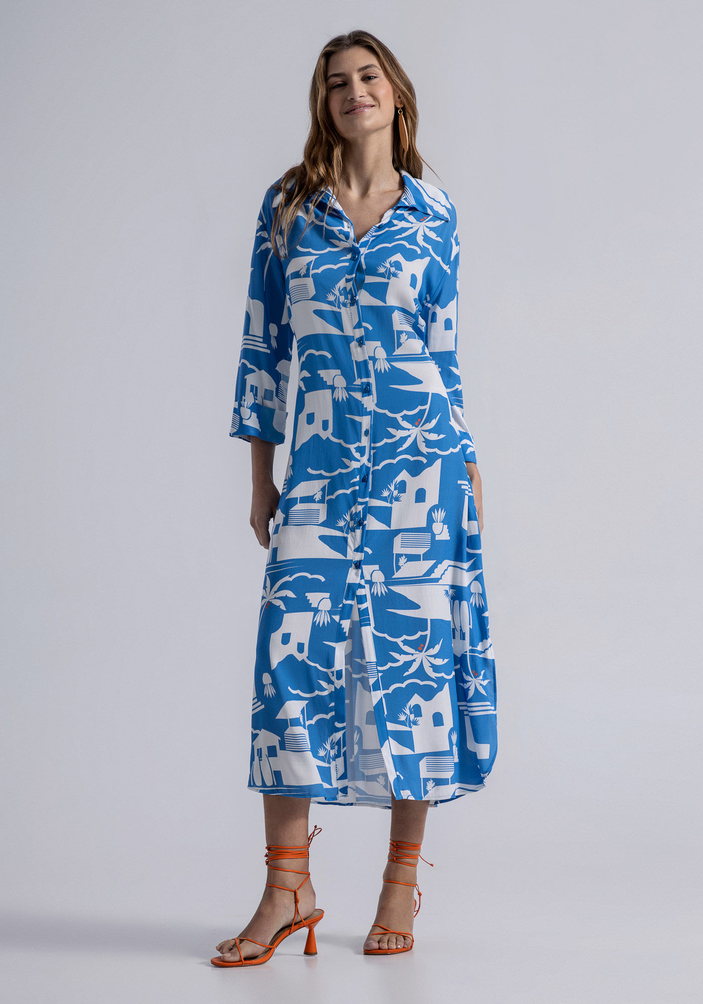 Vestido Midi Sa&iacute;da de Praia em Viscose Chemise, , large.