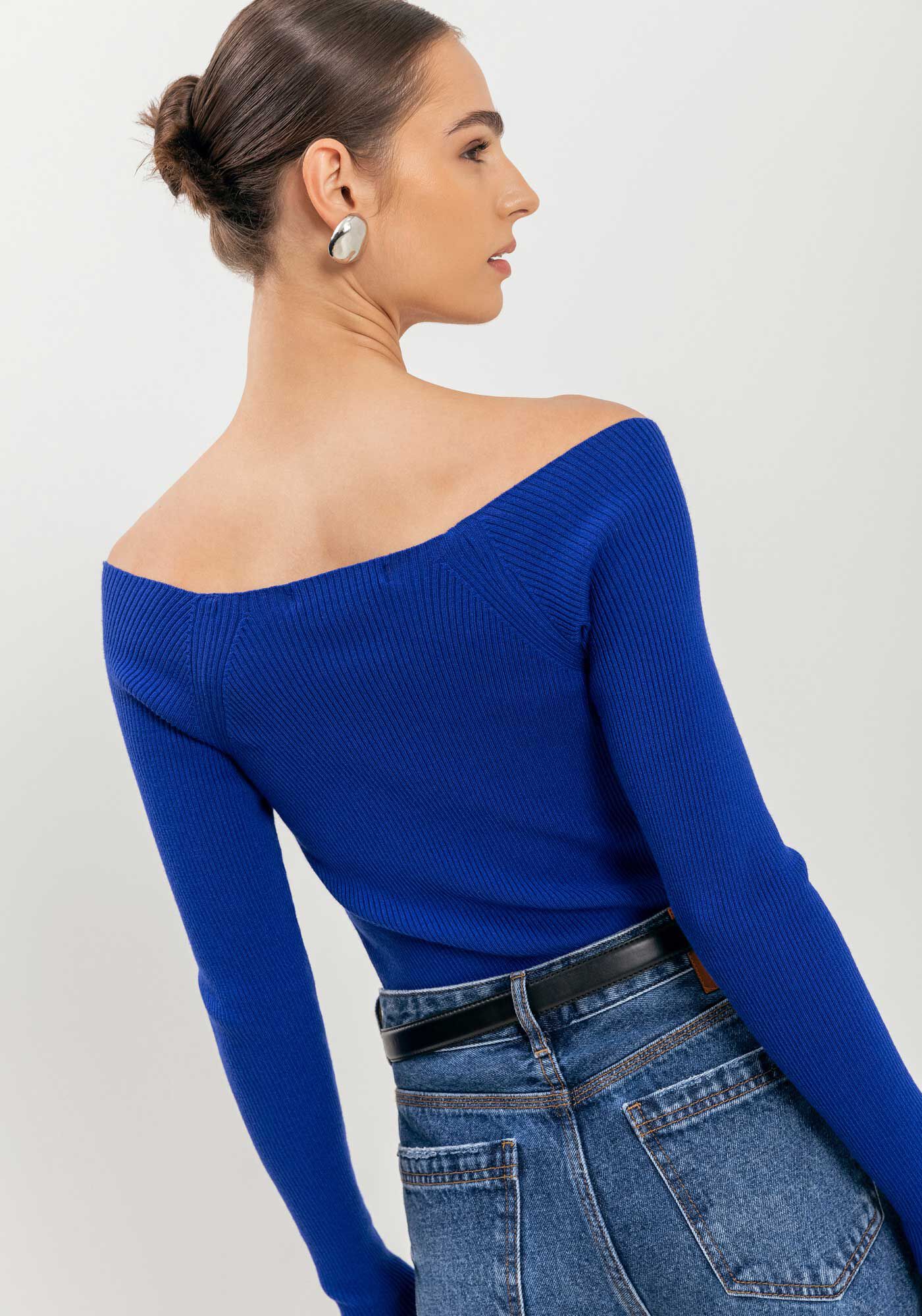 Blusa Ombro A Ombro De Mangas Longas Em Tric&ocirc;, , large.