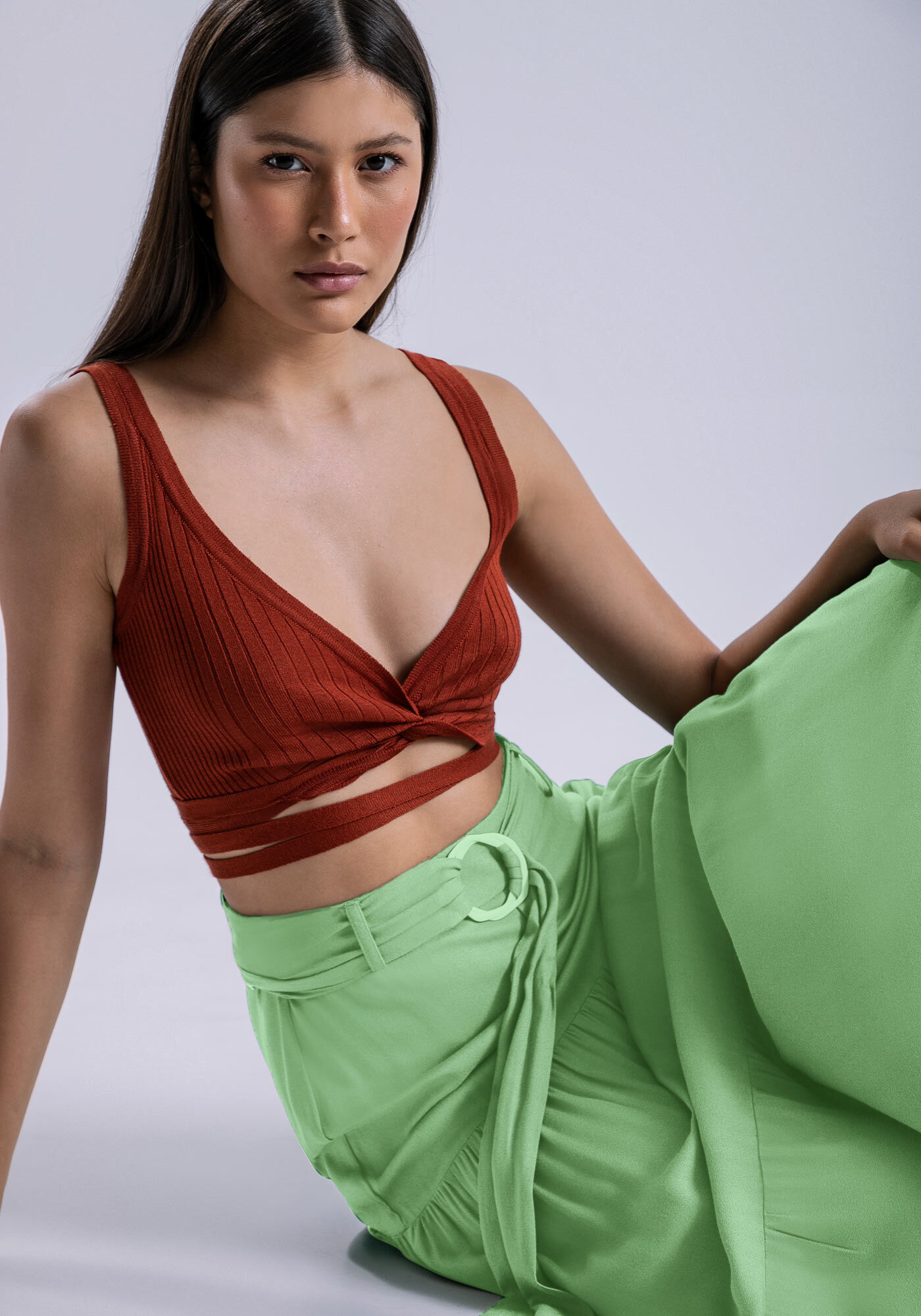 Saia Midi Crepe com Babados e Cinto, VERDE PORTULACA, large.