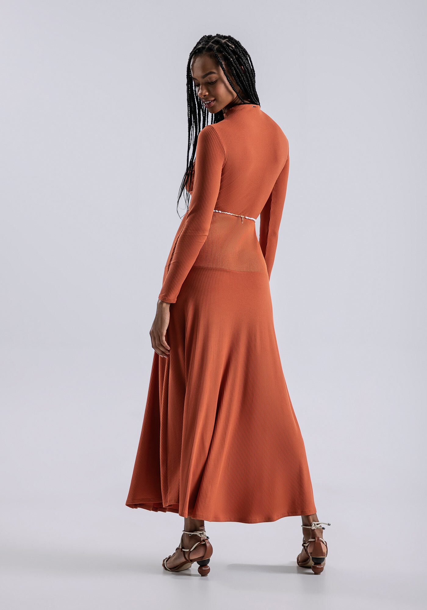 Vestido Manga Longa Midi Canelado com Recorte, , large.