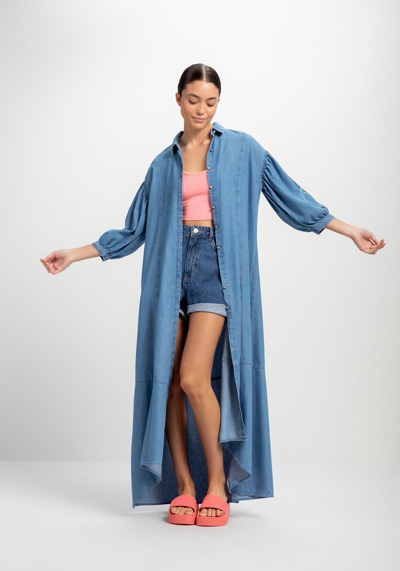 Vestido Jeans Midi Chemise com Bordado, JEANS, large.