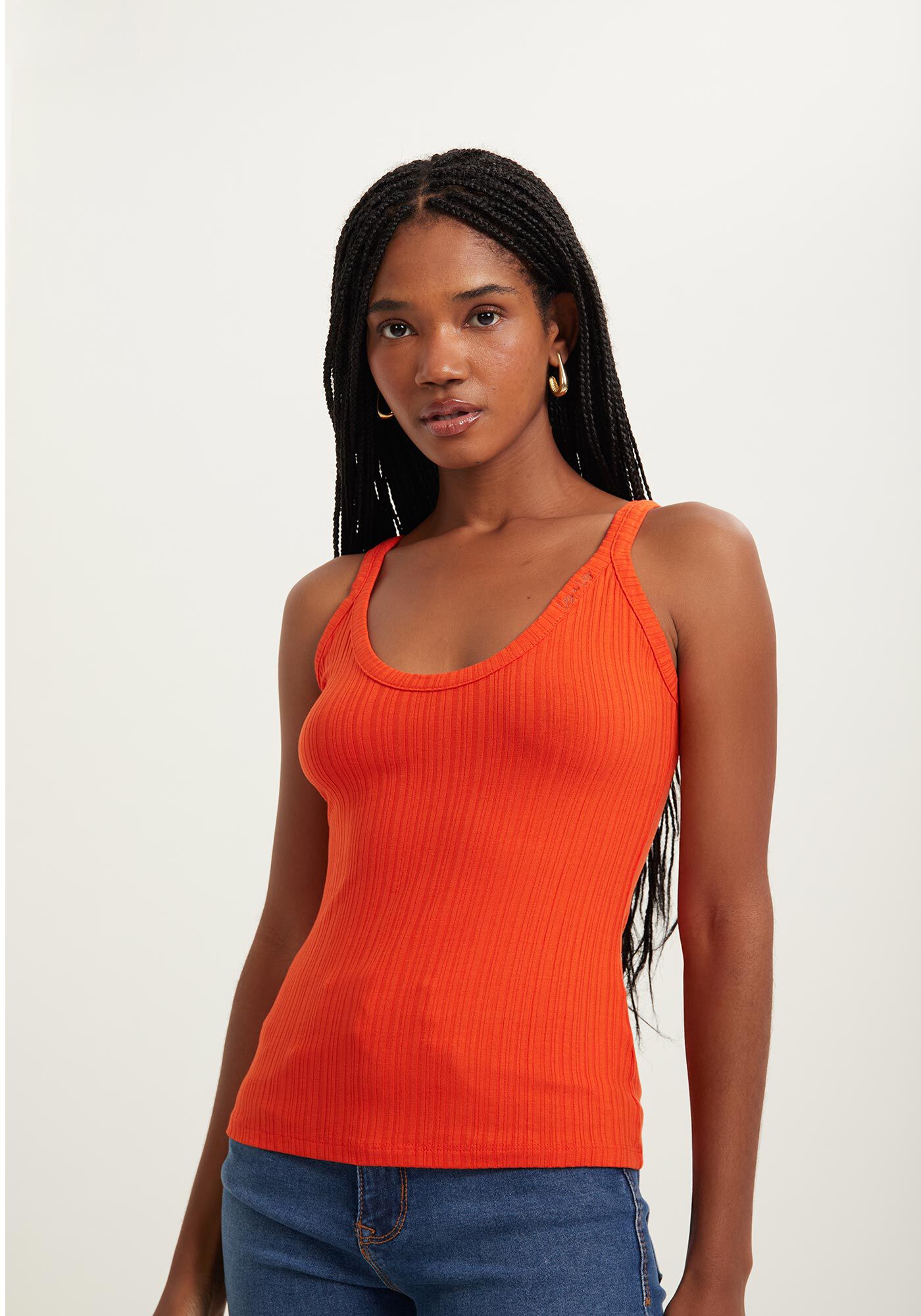 Blusa Regata B&aacute;sica De Al&ccedil;as Em Malha Canelada, , large.