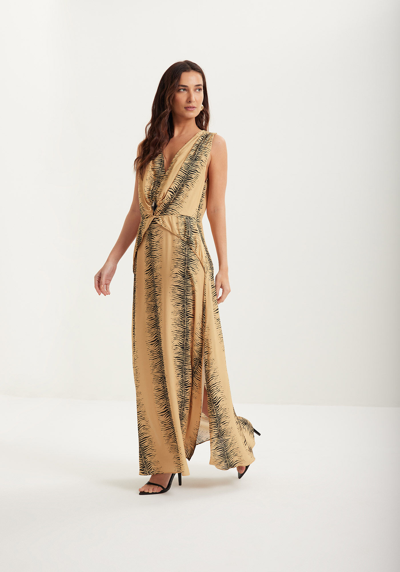 Vestido Longo Estampado Com Decote Em V E Enfeite, , large.