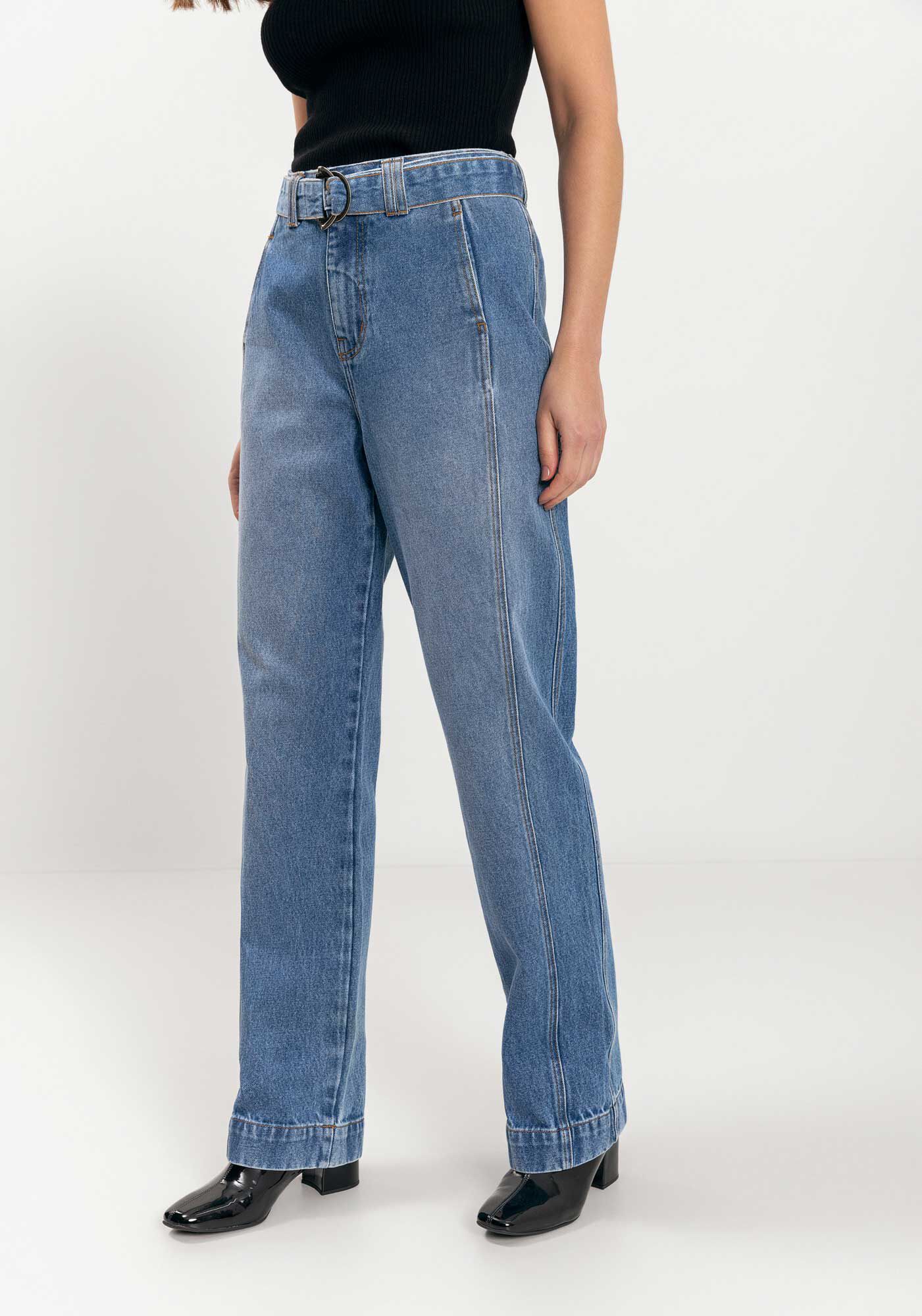 Cal&ccedil;a Reta Jeans Com Cinto E Cintura Alta, JEANS, large.