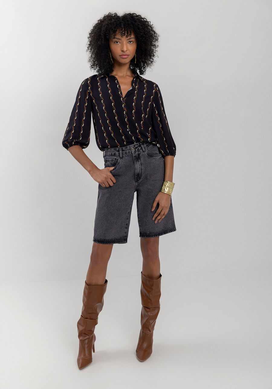Camisa Estampada De Mangas Médias Em Viscose Com Botões, CHAIN PRETO. Camisa Estampada De Mangas Médias Em Viscose Com Botões, CHAIN PRETO, large.