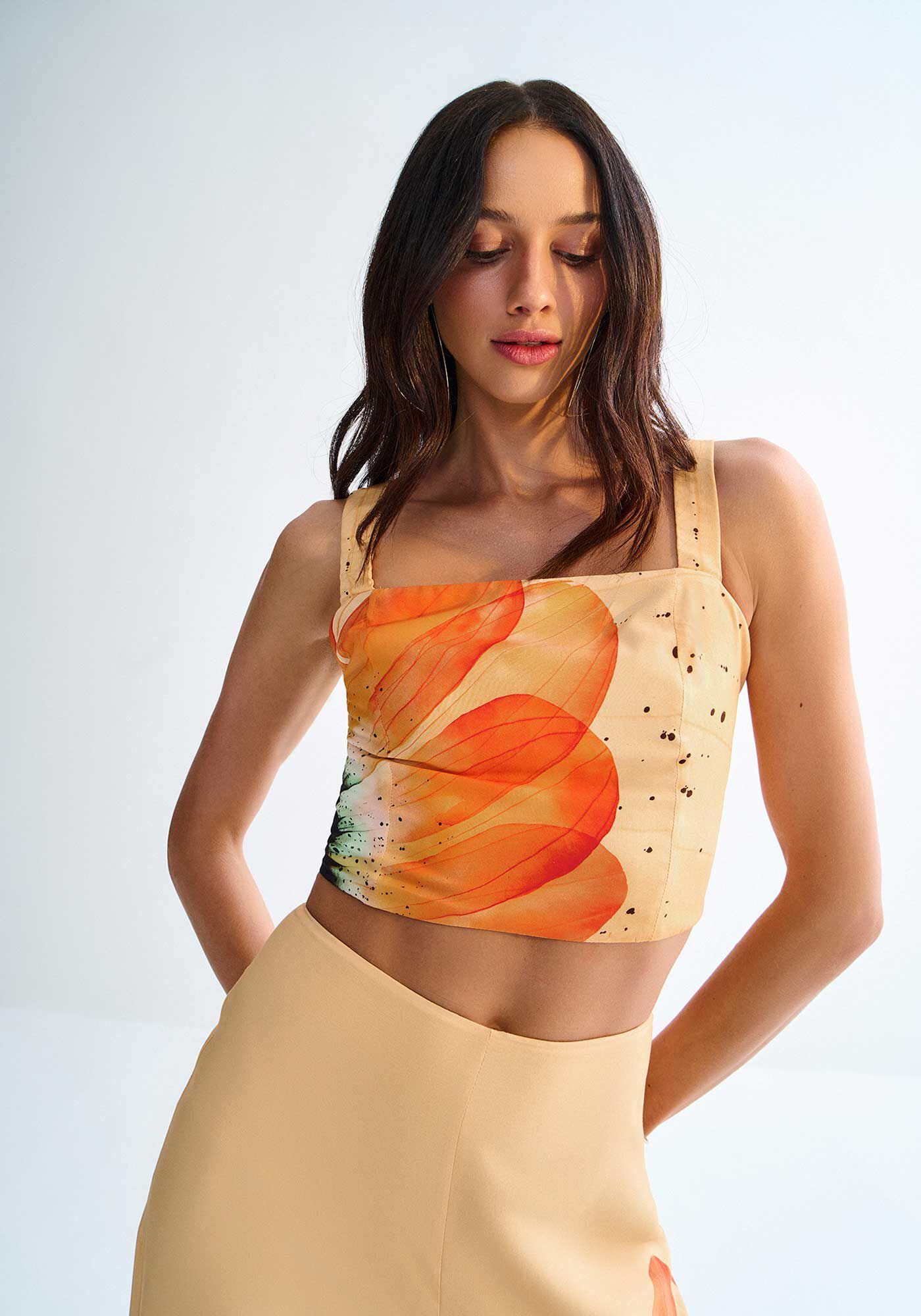 Blusa Cropped em Viscose Estampada com Decote Reto, BLOSSOM LARANJA, large.