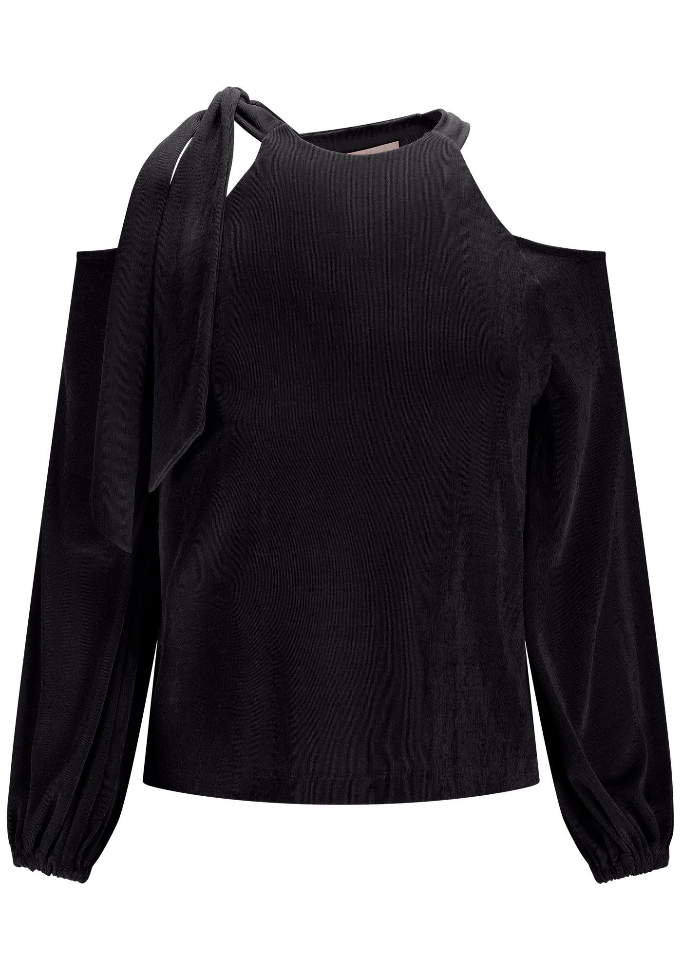 Blusa Manga Longa com Recorte Ombros e Amarra&ccedil;&atilde;o, PRETO REATIVO, large.