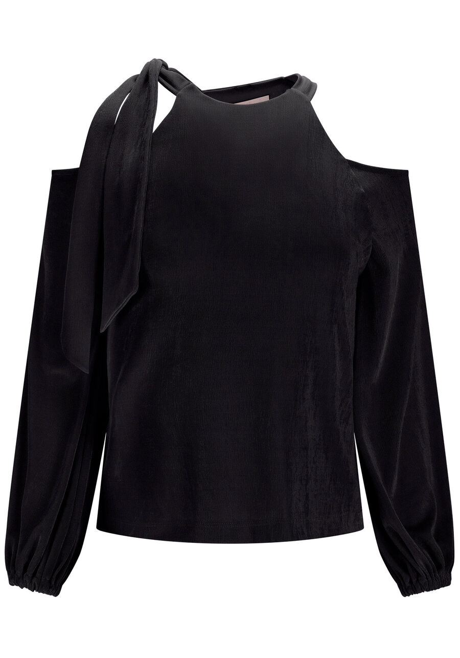 Blusa Manga Longa com Recorte Ombros e Amarração, PRETO REATIVO. Blusa Manga Longa com Recorte Ombros e Amarração, PRETO REATIVO, large.