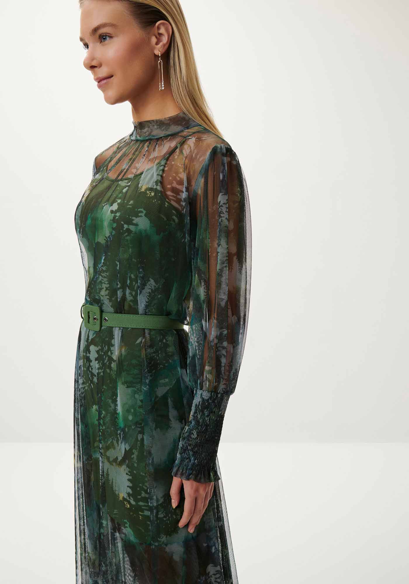 Vestido Longo em Tule Estampado com Cinto, , large.