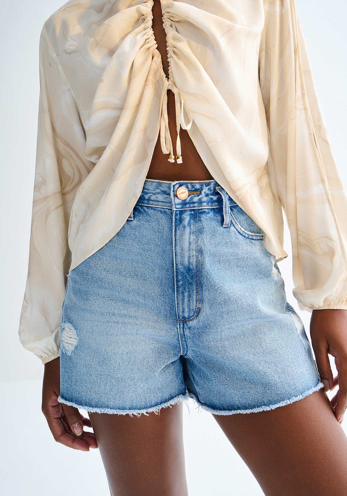 Shorts Jeans Hot Pant Cintura Alta Claro Destroyed, JEANS, large.