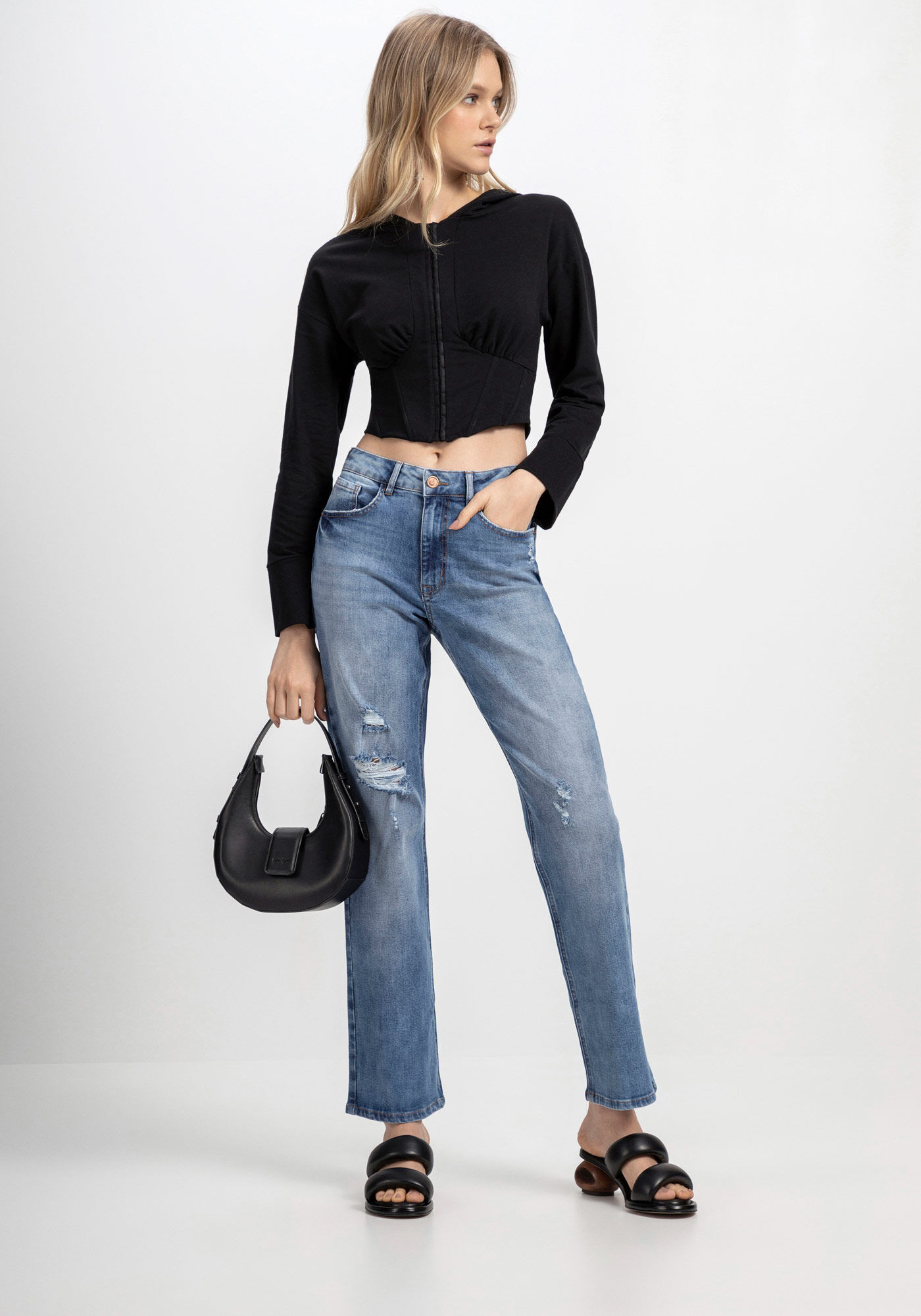 Blusa Manga Longa Corset com Capuz, PRETO REATIVO, large.