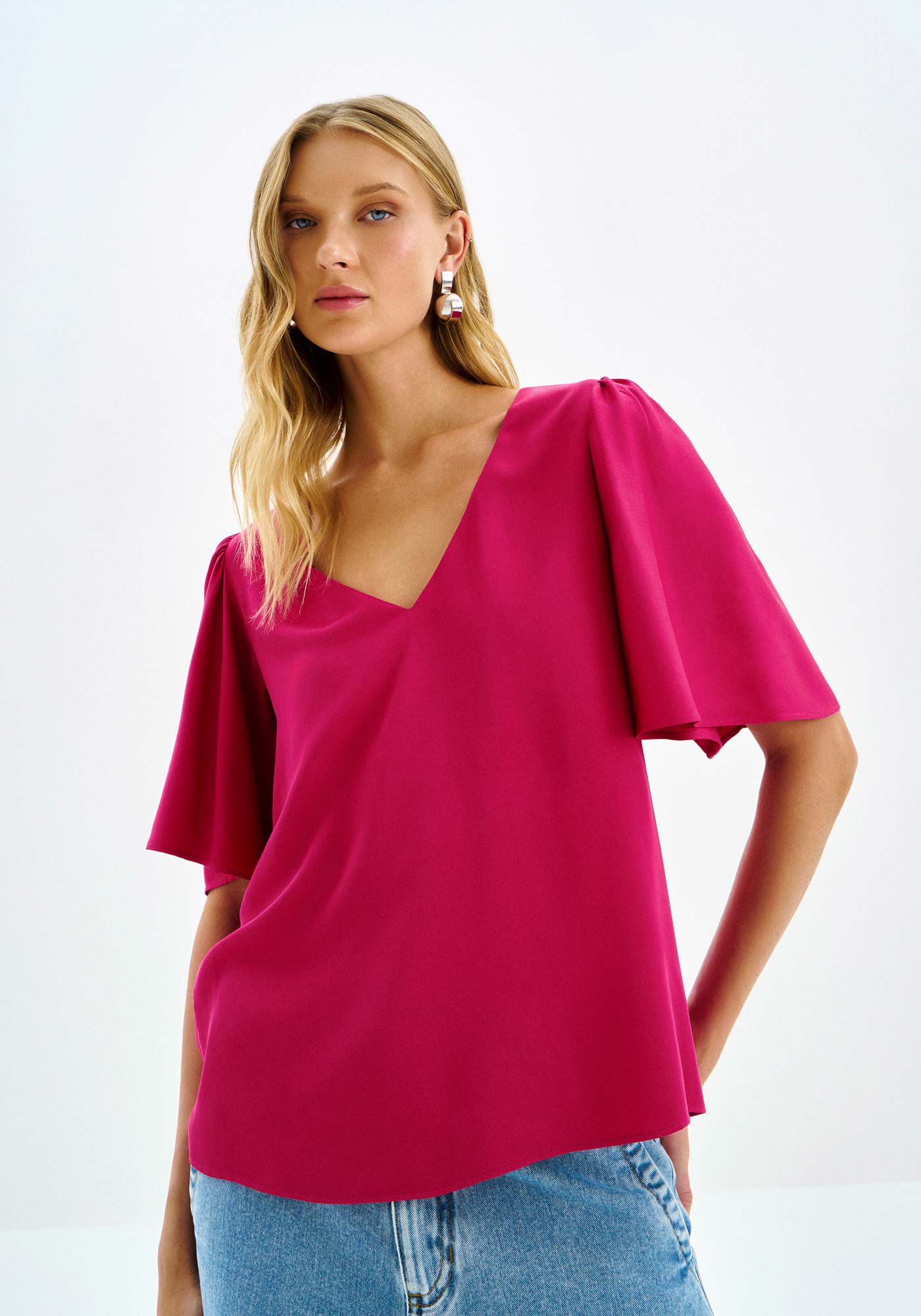 Blusa Manga Flare Ampla com Decote V, ROSA SYRUP, large.