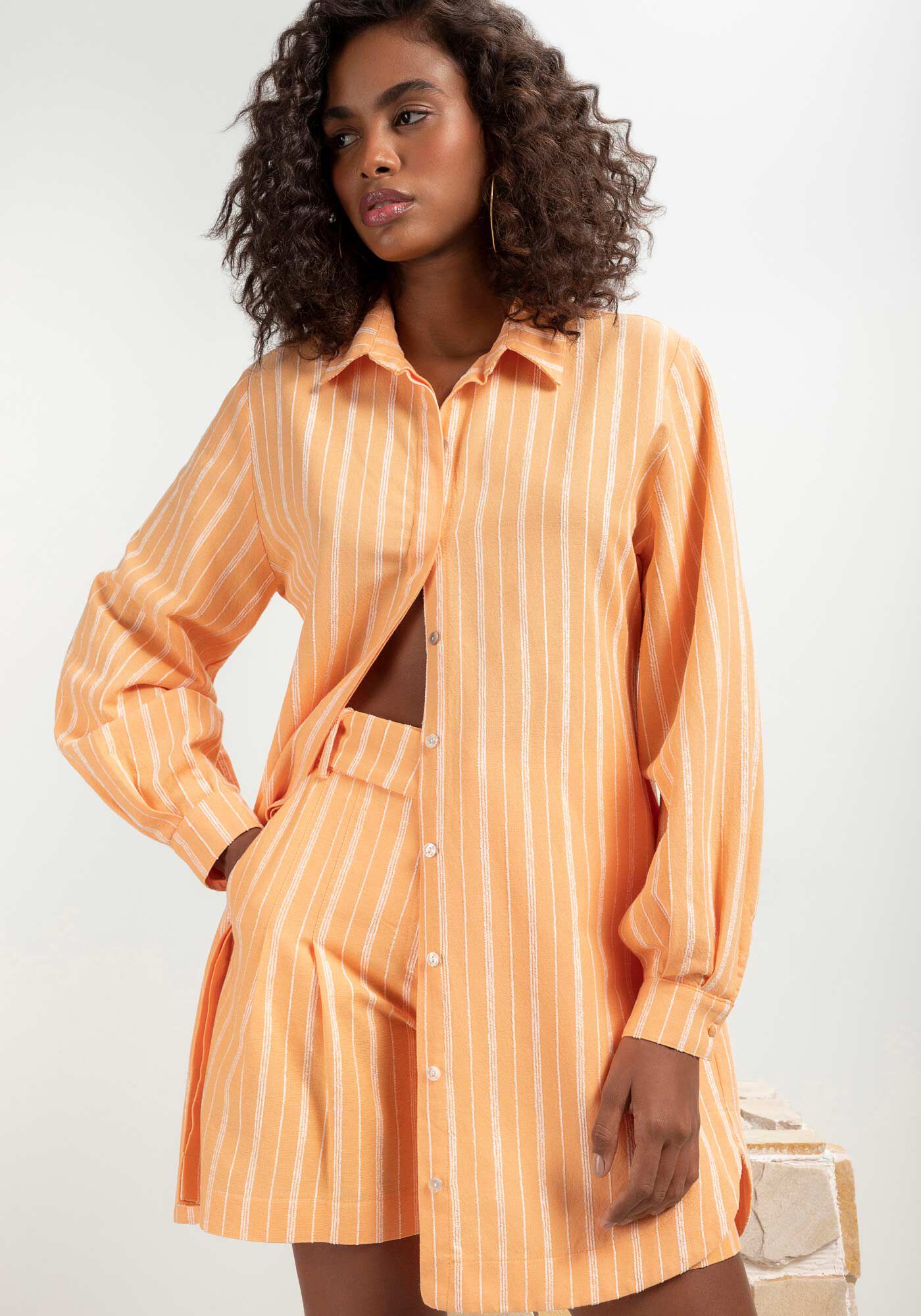 Camisa Listrada Alongada e Manga Longa Bufante, , large.