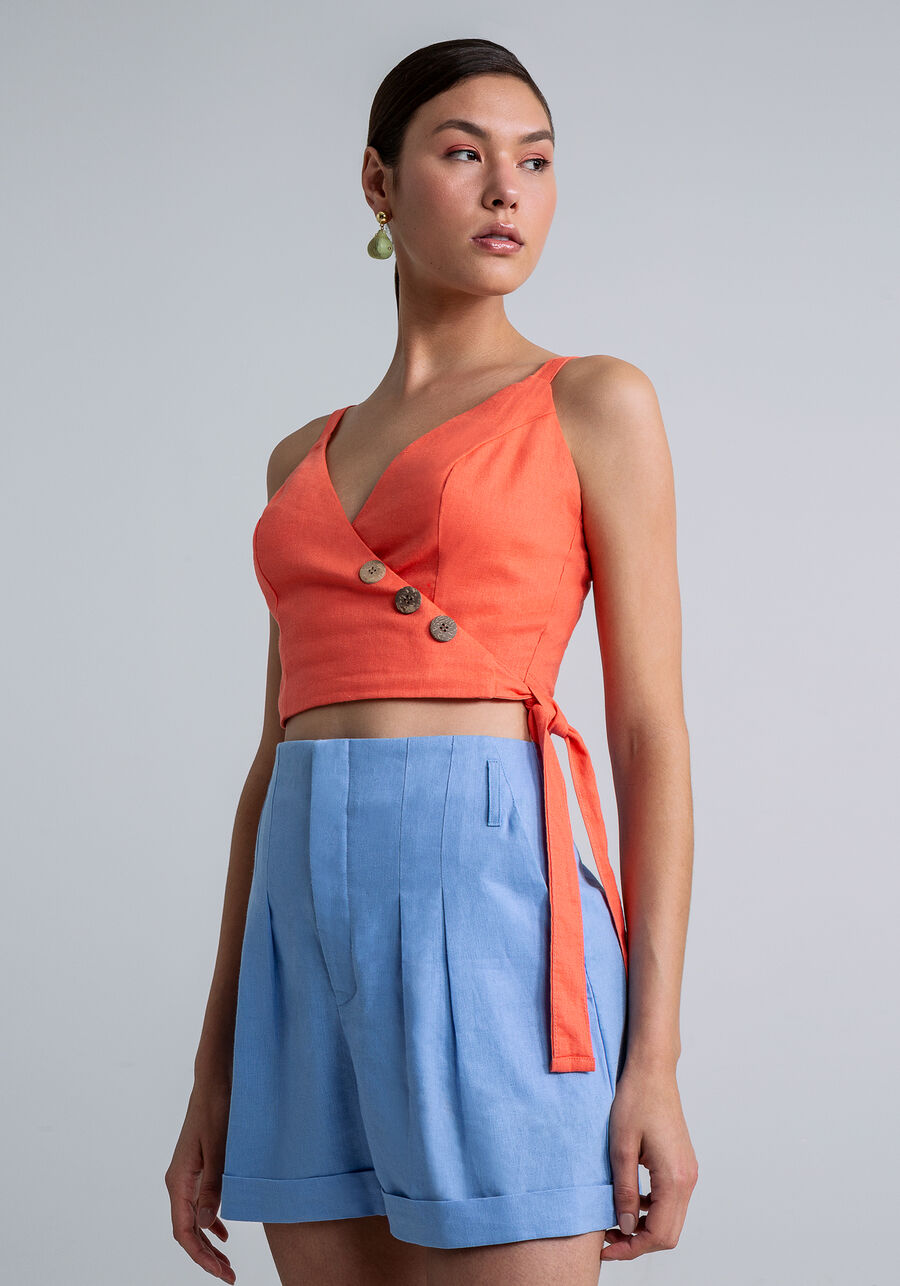 Blusa Cropped Transpassada Linho, ROSA. Blusa Cropped Transpassada Linho, ROSA, large.