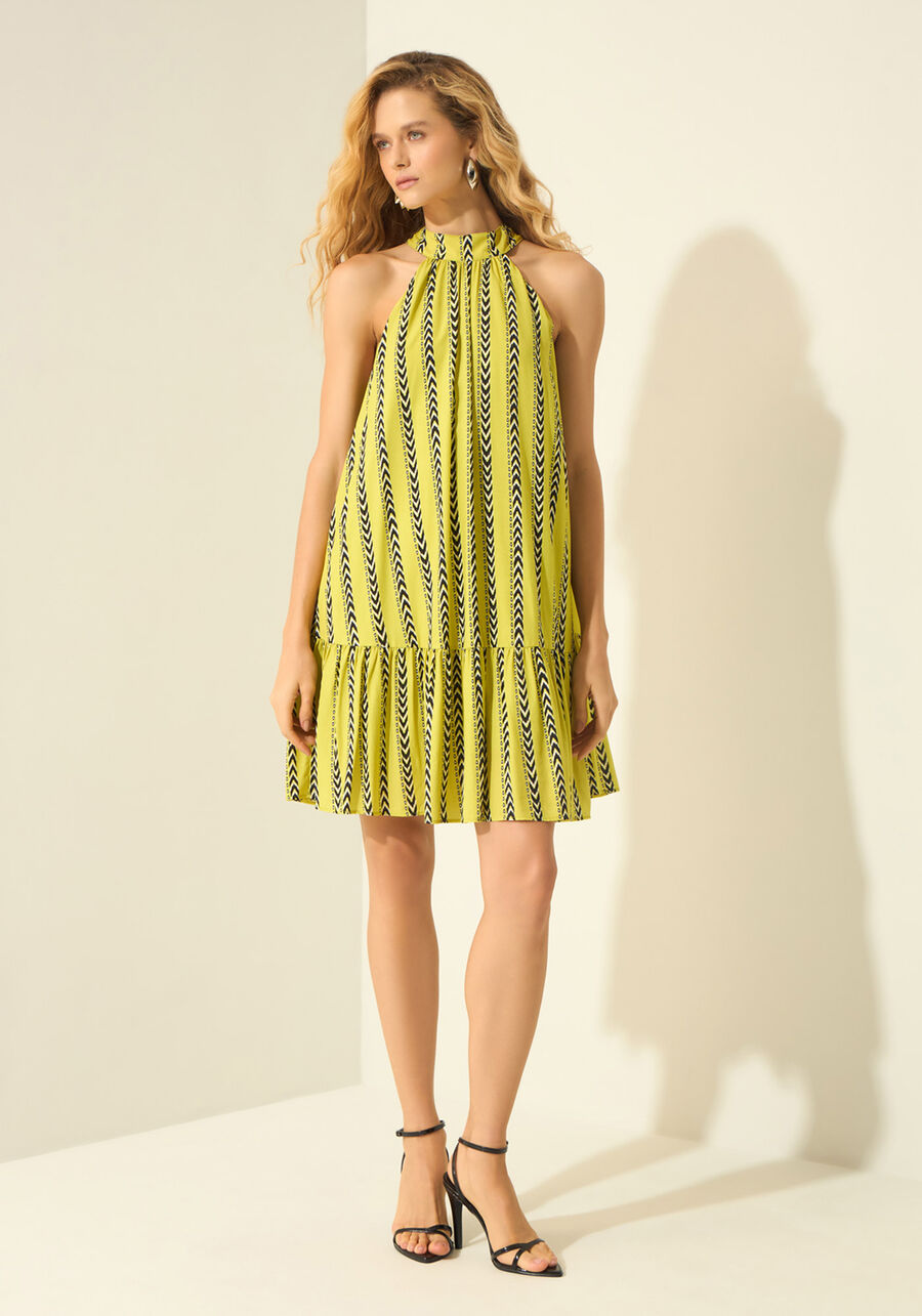 Vestido Curto Estampado Com Gola E Amarração, VIELAS VERDE. Vestido Curto Estampado Com Gola E Amarração, VIELAS VERDE, large.