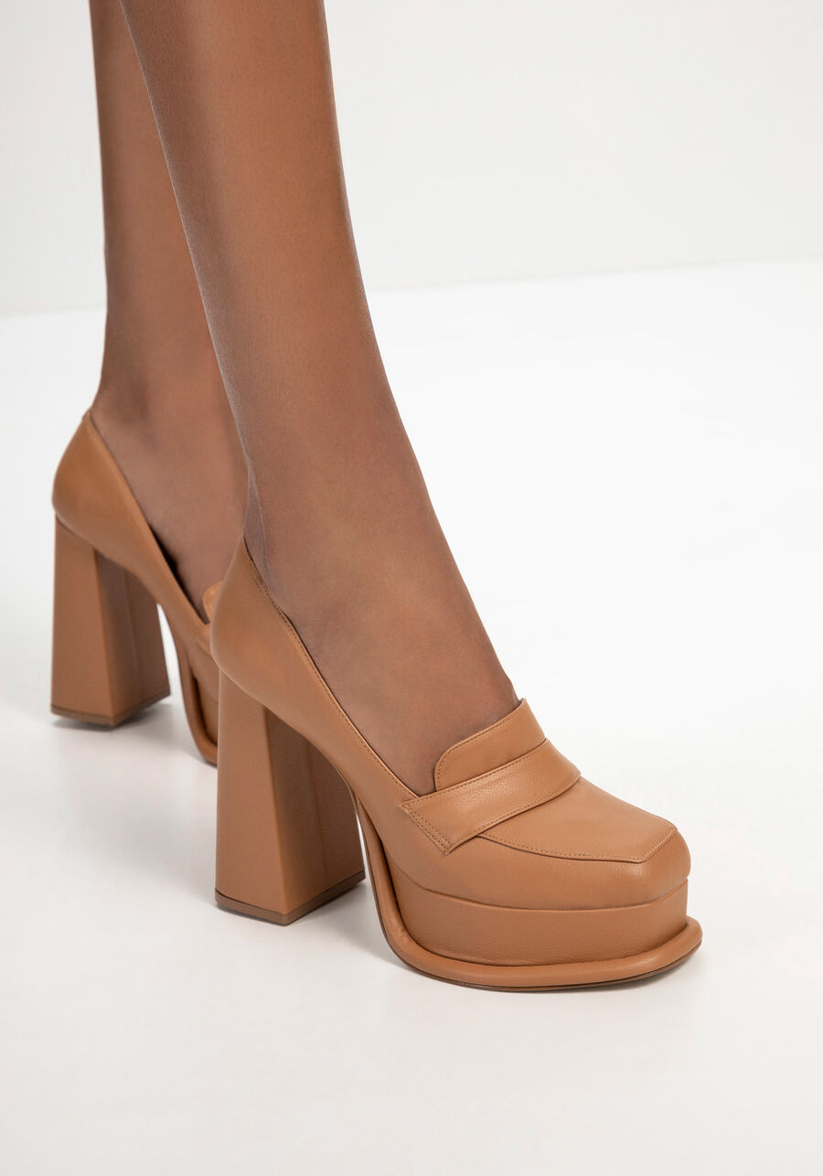 Mocassim com Salto Alto Flare, MARROM TERRACOTA. Mocassim com Salto Alto Flare, MARROM TERRACOTA, large.