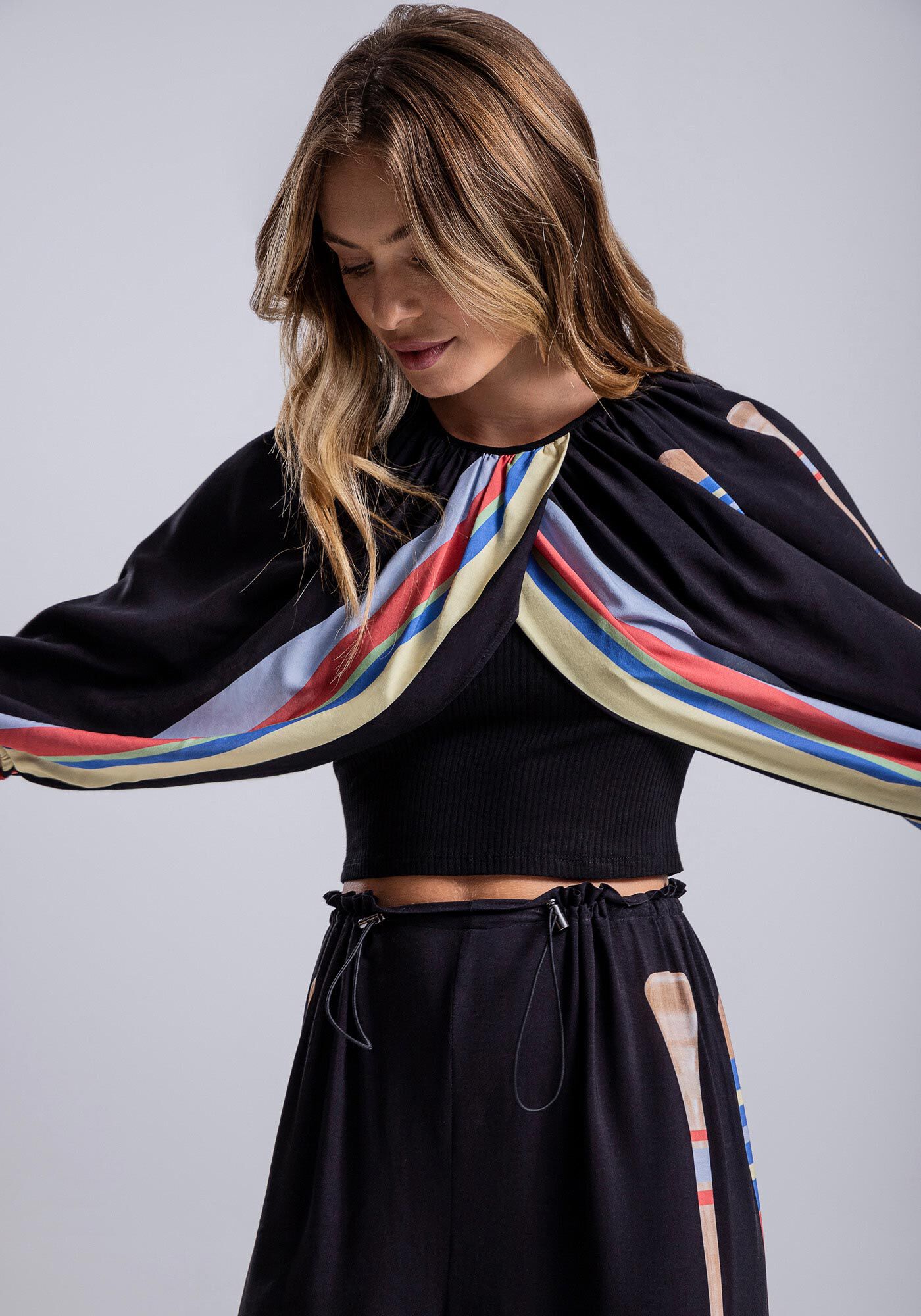 Blusa Canelada com Mangas Sobrepostas Viscose, , large.