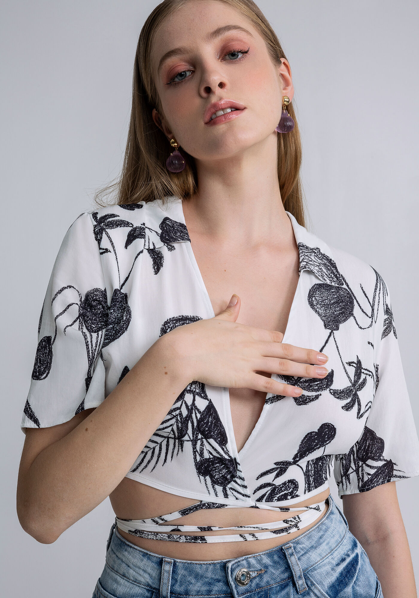 Blusa Manga 3/4 Franzido Estampa, CONTRASTE, large.