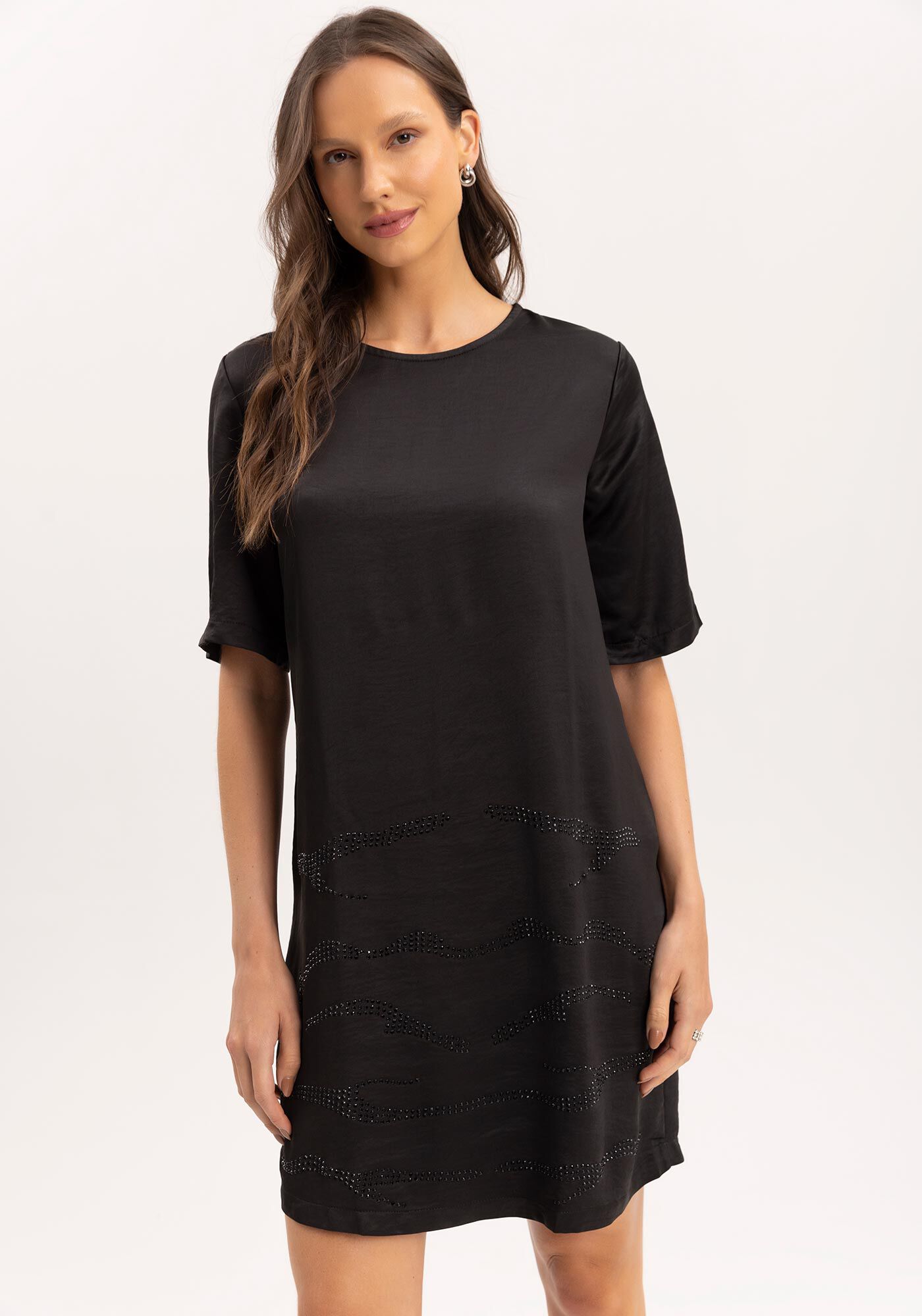 Vestido Curto Reto Acetinado com Strass, , large.