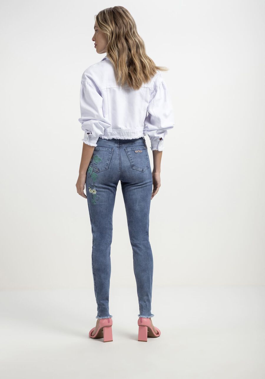 Calça Jeans Skinny Super Alta com Bordado Floral, JEANS, large.