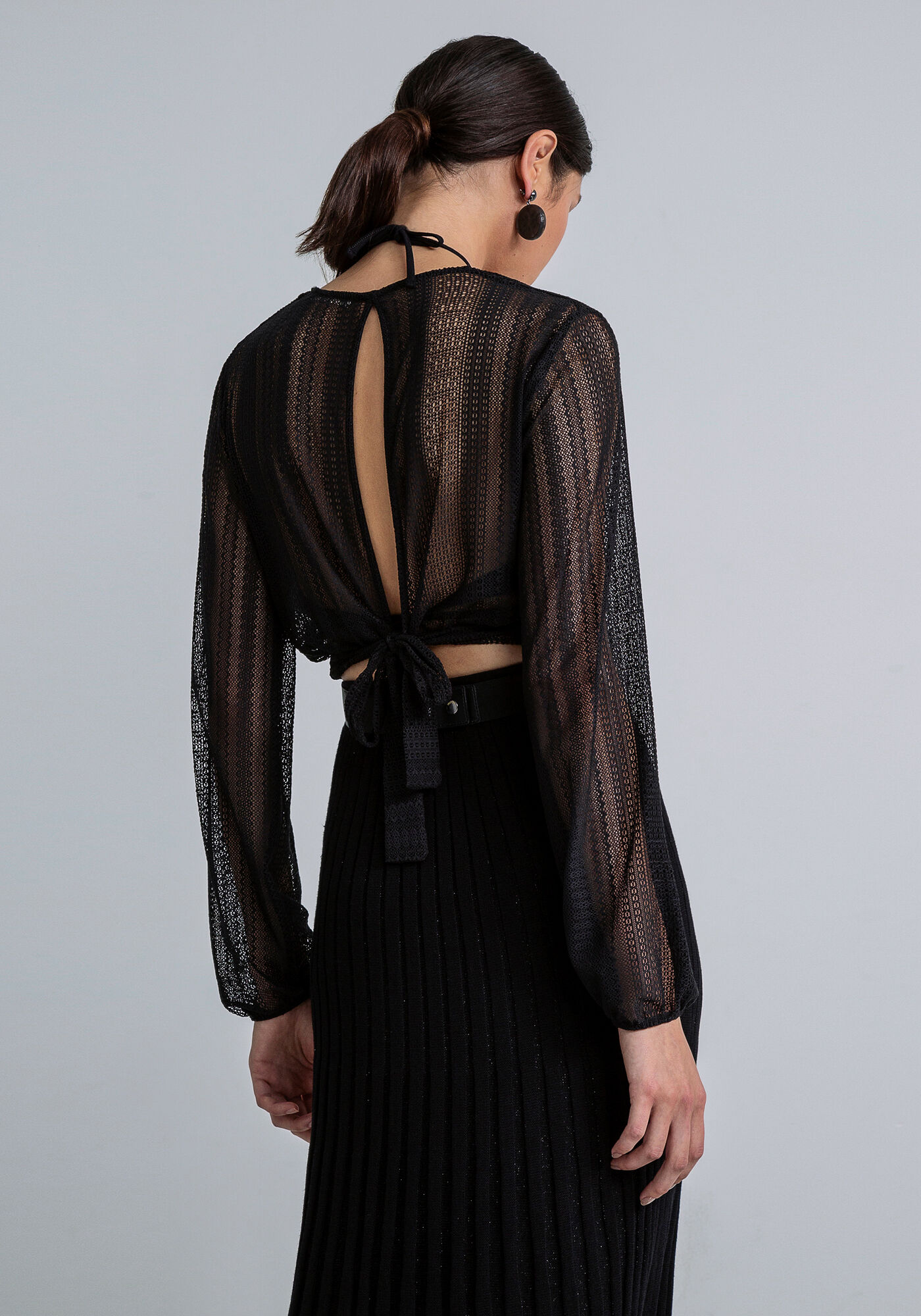 Blusa Manga Longa Renda com Top, PRETO, large.